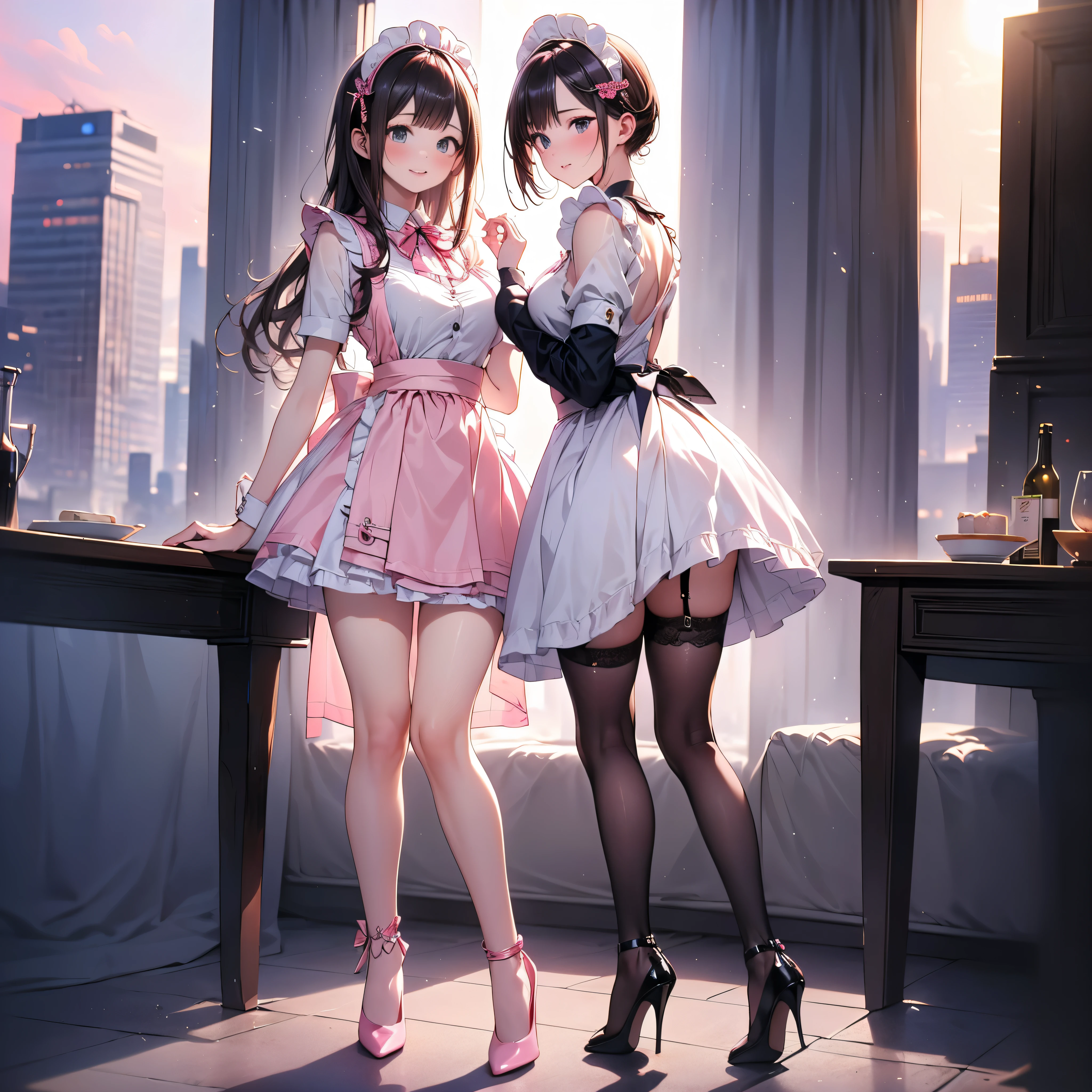 ((masterpiece, highest quality, High resolution, 超High resolution, Perfect Pixel, Depth of written boundary, 4K, RTTX 10.0, High resolution))), (Four adult women:1.3), Beautiful Anime Woman, Beautiful art style, Anime characters, ((Long Hair, bangs, Dark brown hair, Various hairstyles)), ((Beautiful eyelashes)), ((Detailed face, blushする:1.2)), ((Smooth texture, Realistic texture, Anime CG Style)), Perfect body, Slender body, Exact finger count、Exact number of legs、Exact number of arms, (blush:1), (The four women are standing side by side, lifting their skirts to greet the guests.:1.2), ((Matching white and black frilly maid-style aprons, White shirt, Checkered mini skirt:1.2)), (Lift up your skirt yourself:1), Realistic, Slender body, highest quality, High resolution, 非常にDetailed face, Perfect lighting, Extremely detailed CG, (Perfect hands, Perfect Anatomy), Embarrassed expression, (School classroom, Maid cafe decorations for school festival, Attracting customers, Welcome back husband:1.3), Morning sun-like lighting, whole body, ((Stylish and sexy shiny panties, White Satin Panties, Light blue satin panties, Pink satin panties, White Satin Panties, (The panties are simple in the center and have lace decorations on the sides.:1.2), garter belt, Knee socks:1.2)), Angle from the front、Beautiful and thin thighs, High heels