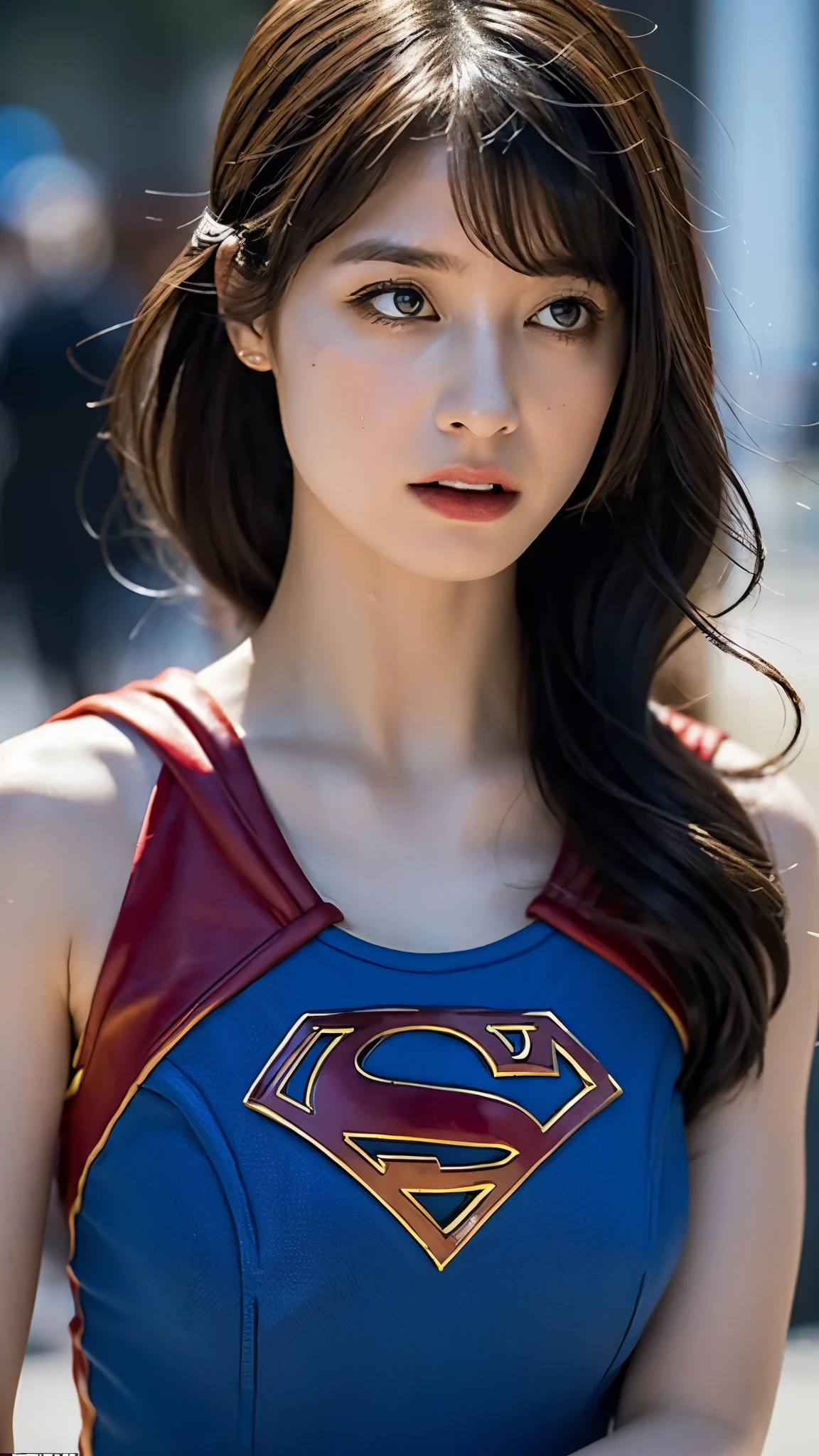 Supergirl, 29 years old、Height: 152cm, Trapped in a building burning hot fire, midday, hair tied, Supergirl Afraid, Supergirl was sweating wet, Wearing a tank top Supergirl costume, Hair bangs, Supergirl's costume is torn, face Supergirl is injured, supergirl defeated, Frightened expression, Look up, Sweating profusely, wet sweat