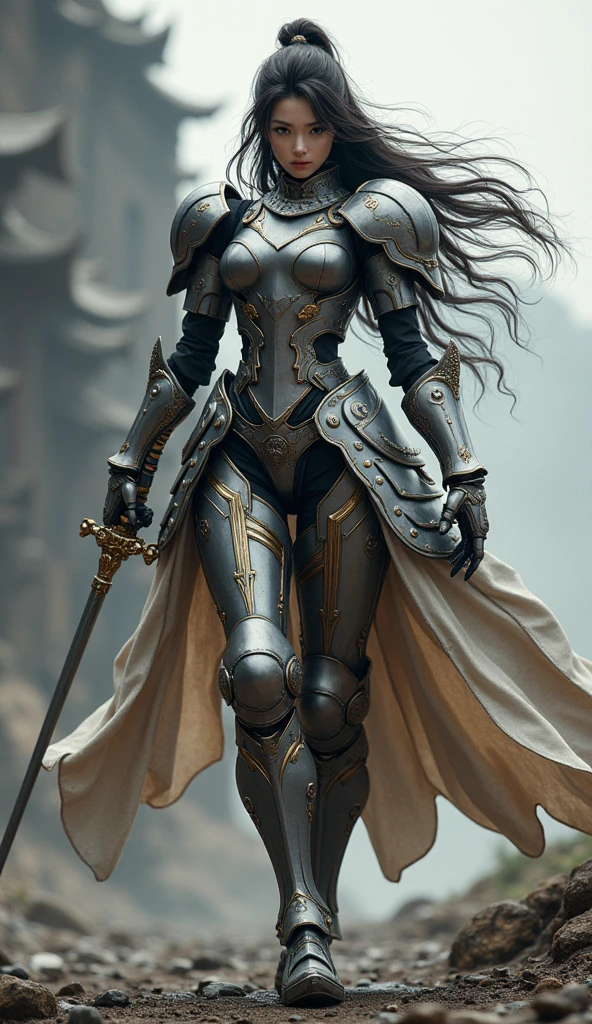 Mecha,Japanese female knight,Long hair with bangs,Big breasts,holding sword in both hands,Knights