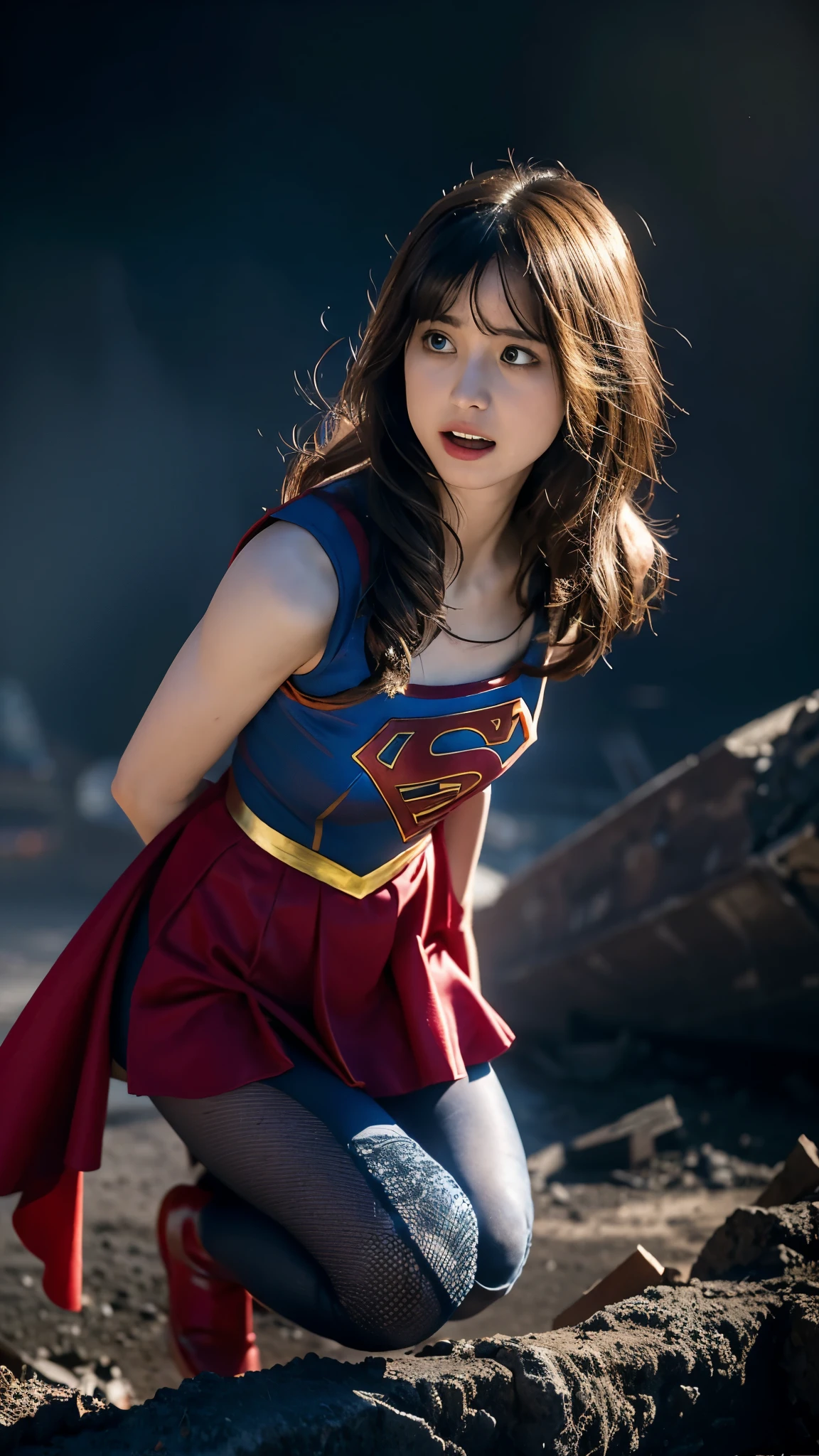 Supergirl, Beautiful Supergirl, 29 years old, Height : 152 CM, at desert, midday, supergirl tanktop costume, hair tied, hair bangs, Supergirl was sweating profusely, Supergirl had wet sweat on her chest, Supergirl had wet sweat on her head, Supergirl is shocked, Supergirl looks up, Supergirl looks scared, Supergirl screamed in pain, supergirl defeated, supergirl tanktop costume is torn, Supergirl fights against a giant, Supergirl is seriously injured, Supergirl cried, supergirl in peril