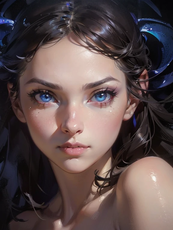 (Nico Robin), (One Piece), highest quality, (masterpiece:1.2), alone, black hair, (big beautiful detailed eyes), ulzzang, blue eyes, (huge breasts), (black lingerie), looking at viewer, from the front, ((cleavage)), ((arms behind back)), (black background), particles, glowing particles, sparks, shiny skin, photorealistic, (blue monochromatic color palette), detailed coloring, detailed high quality, chromatic aberrations, ultra detailed quality skin, detailed ray tracing lighting, portrait, fierce,