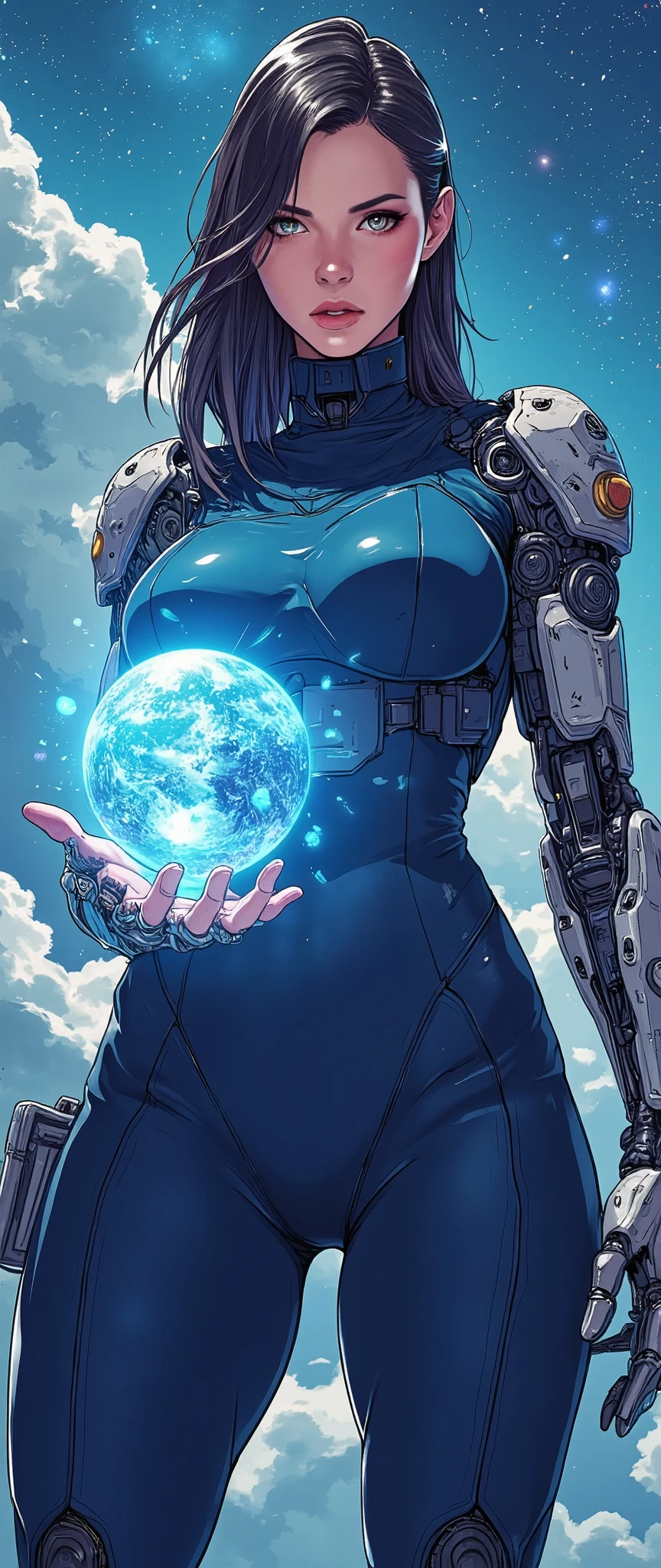 (masterpiece:1.2,Exceptional Quality,Mirror-like,Cinematic Experience,Best illustrations:2.0),Ultra-high resolution,Super detailed,8k,wallpaper,(Super sexyなメイク:0.5),(Super muscular:2.0),(1 female:2.0),(Space Bounty Hunter:2.0),(Large breasts:2.0), (Elegant body:2.0),(Beautiful Eyes,Sparkle in the eyes,Detailed face,Beautiful skin texture:1.3,Beautiful Hair:1.3),(Beautiful female hands:2.0),(Detailed hands:2.0),(A robotic prosthetic arm with a heavy right arm 2.0),(Navy blue tight bodysuit:2.0),(The background is an abstract galaxy:2.0),(Super sexy:2.0),(Very thick thighs:2.0),(Super sensual:2.0),(Cyberpunk:2.0),(SF:2.0),(vfx:2.0),(Upper body close-up:2.0),(dynamic:2.0),(Serious:2.0),(Hold the Earth-shaped holographic ball in your palm towards the camera:2.0),(Close-up of the holographic ball:2.0),(Holographic ball flashy effects:2.0),(Sci-fi anime eye-catcher:2.0),(front:2.0),(dynamic:2.0)