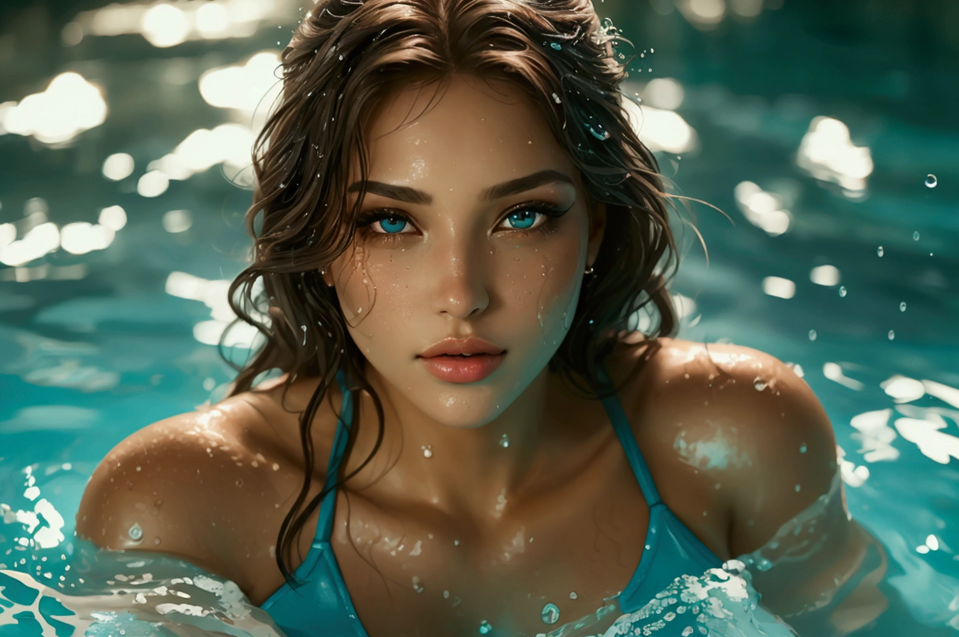 one beautiful Germans girl,long straight hair,wearing Swim suit,She Play in the pool,The water droplets on my chest are shining,splash,(masterpiece), (best quality), (ultra-detailed), (illustration), (detailed light),(an extremely delicate and beautiful)