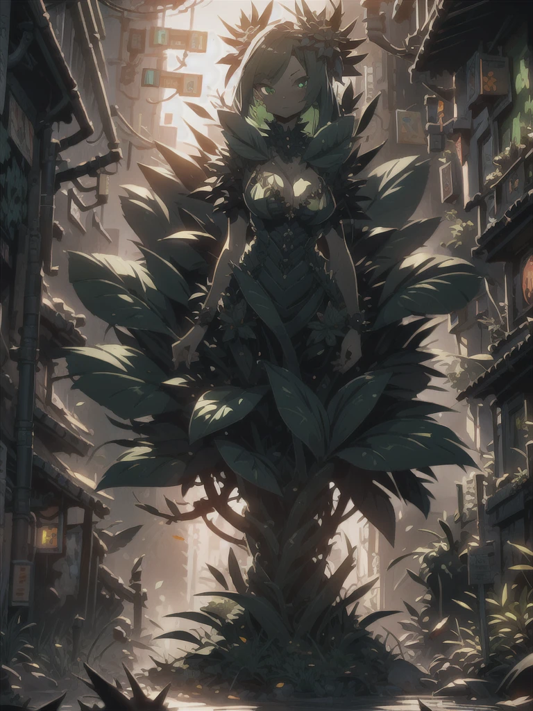 Cyberpunk female, alraune, Alraune girl, large breasts, black bra, large dress, Deep cleavage, chubby, large leaves, green skin, thorns, vines, serious