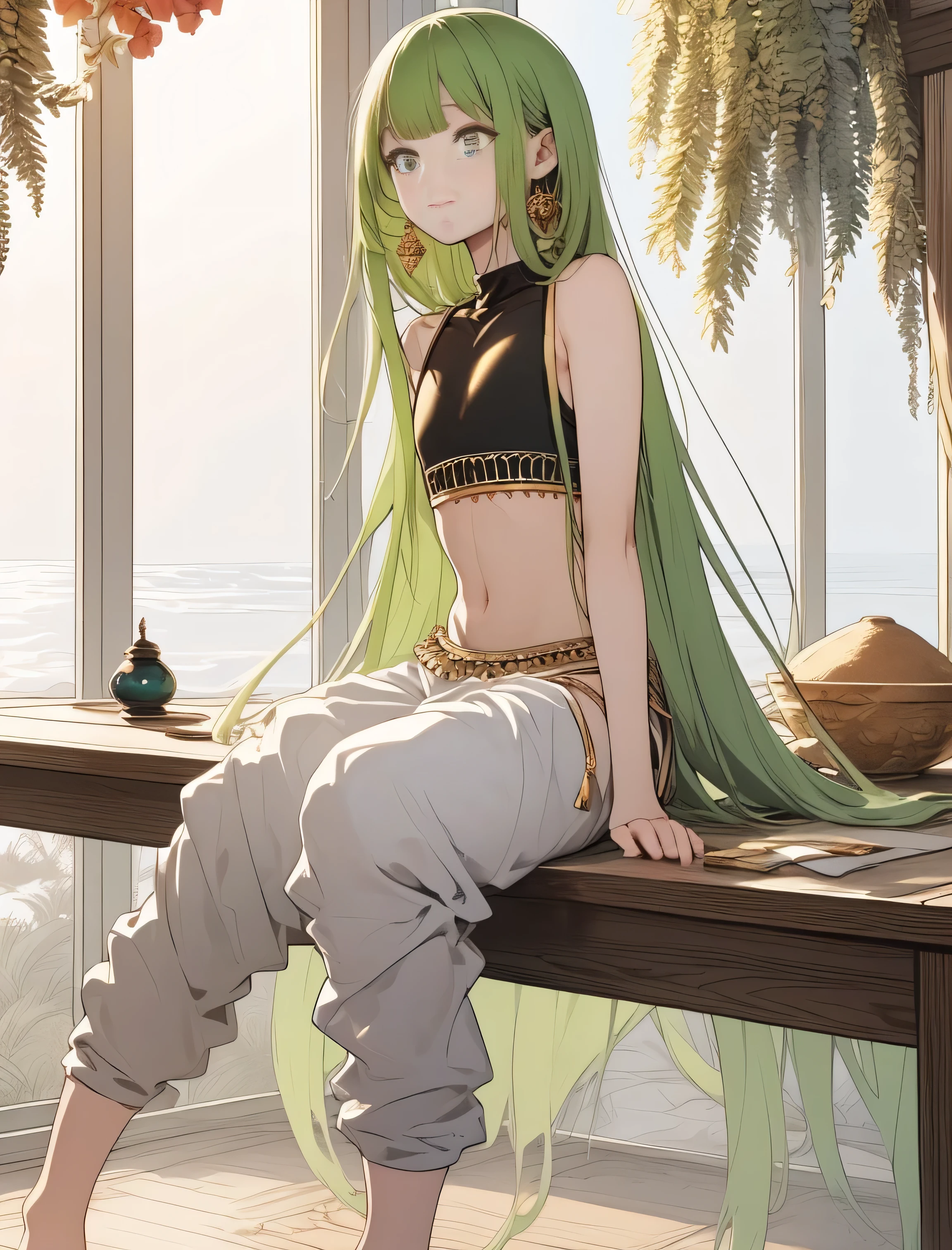 (masterpiece, high-quality, Mystical, ideal ratio of body proportions), (ultra high resolution, 8K, 16k, natural lighting, textile shading), wide shot photo:1.6, (1 beautiful anime:1.3, solo:1.5,), alone, shiny skin, BREAK, enkidu, mature, green hair, arabian clothes, black crop top, black fingerless elbow gloves, (((white harem pants))), gold eyes, barefoot, ((inbalance posture)), Exotic wallpapers, fantastic colorful art, (fantasy image:1.5), ((correct anatomy:1.5, perfect anatomy:1.3, correct hand, small foot:1.2)), midriff, (((sitting on))), sand, brick, ((look to the right)), 