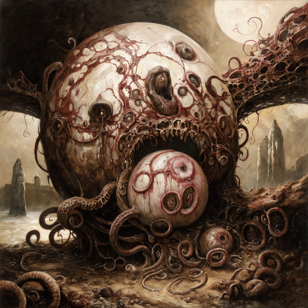 an obscene mass of flesh, resembling a bloated, pulsating sphere. It teeters in place, with an enormous, gaping maw that never seems to close. Inside this cavernous mouth, rows upon rows of jagged teeth gleam menacingly. Surrounding the mouth are numerous tentacles, each ending in a sharp, barbed hook. A river of worms constantly emerges from the Morassmaw's maw, slithering over the ground and burrowing into unsuspecting prey., dark gritty horror atmosphere, highly detailed, cinematic lighting, moody dramatic colors, masterpiece, 8k, hyper-realistic