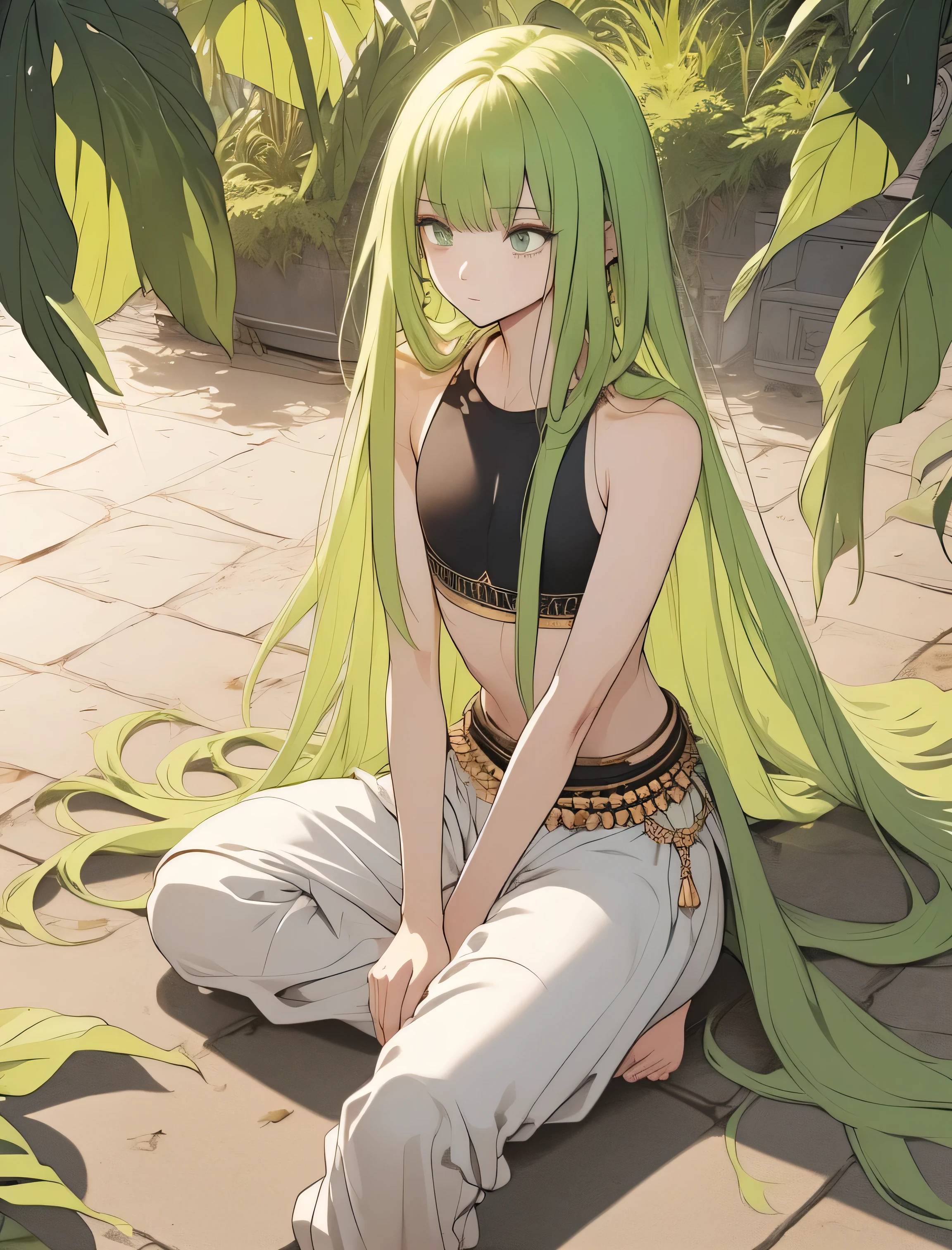 (masterpiece, high-quality, Mystical, ideal ratio of body proportions), (ultra high resolution, 8K, 16k, natural lighting, textile shading), wide shot photo:1.6, (1 beautiful anime:1.3, solo:1.5,), alone, shiny skin, BREAK, enkidu, mature, green hair, arabian clothes, black crop top, black fingerless elbow gloves, (((white harem pants))), gold eyes, barefoot, ((inbalance posture)), Exotic wallpapers, fantastic colorful art, (fantasy image:1.5), ((correct anatomy:1.5, perfect anatomy:1.3, correct hand, small foot:1.2)), midriff, (((sitting on))), sand, brick, ((look to the right)), 