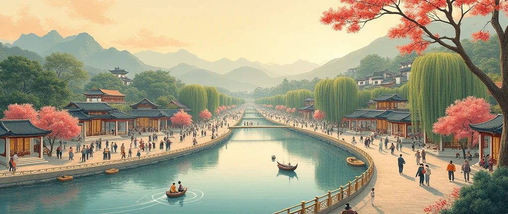1 painting "Picture of the Upper River in the Qingming Dynasty", by Zhang Zheduan, silk scroll, light color, height 24.8 cm, length 528.7 cm, Palace Museum, Beijing. 1 scene, the capital of the Northern Song Dynasty, Bianjing (Kaifeng), Bianhe River and its banks, busy and lively, Spring Festival. Lively, many people, people coming and going, different classes, clothing, expressions, activities. Many buildings, city gates, bridges, shops, temples, houses. Many ships, barges, cargo ships, passenger ships. Many vehicles, trolleys, carriages, sedan chairs. Many trees, willow, pine, peach blossoms. Perspective technique, realistic style, rich details, rhythmic composition.