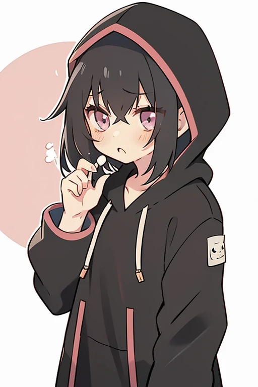 masterpiece, Best Quality, anime boy in a black dress with a white background, Only 1 person, Cute one cute boy, Cute anime visuals, Anime Moe Art Style, by Ai-Mitsu, ((black)), Soft anime illustration, Wearing a hoodie, by EiQ, , , Cute anime, wearing a pink hoodie, パーカーを着たblack髪の, blackい目, blackい髪, Depression, Dull eyes, Neutral appearance