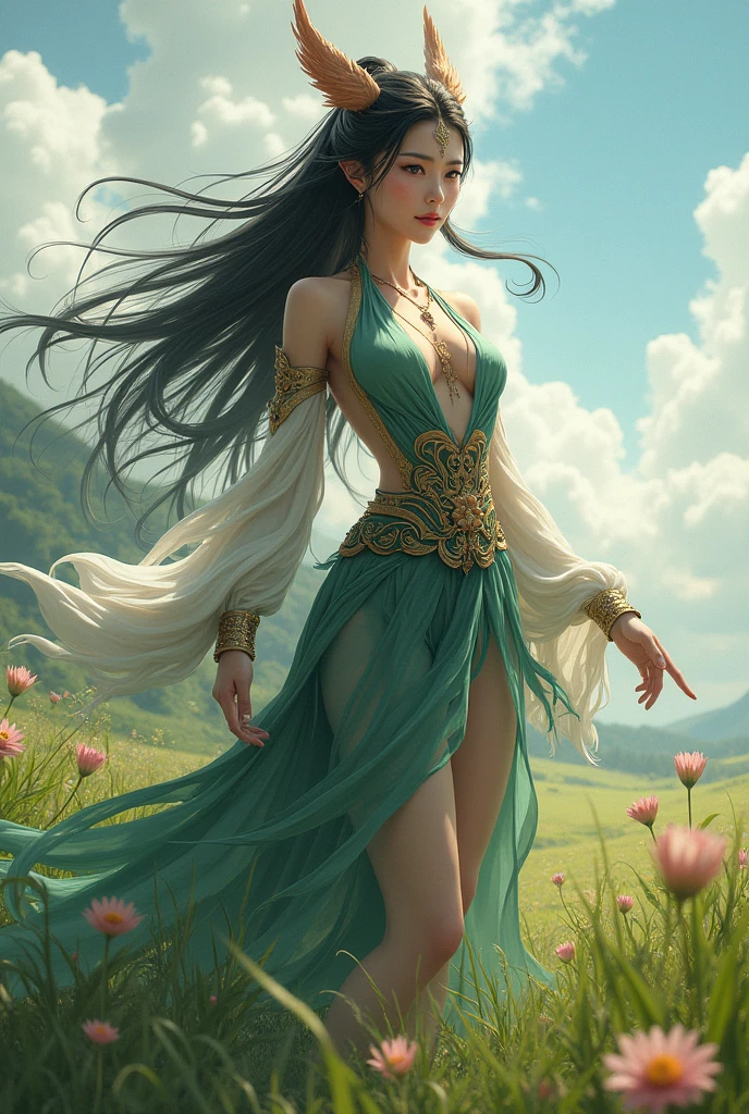 ((aeolian)), ung girl with a beautiful face and green eyes, Princess, (naked and wearing a gold gown), black hair in a long braid, no underwear, slim body, long legs, fantasy village landscape, bare feet, small breasts, silver necklace, silver anklets