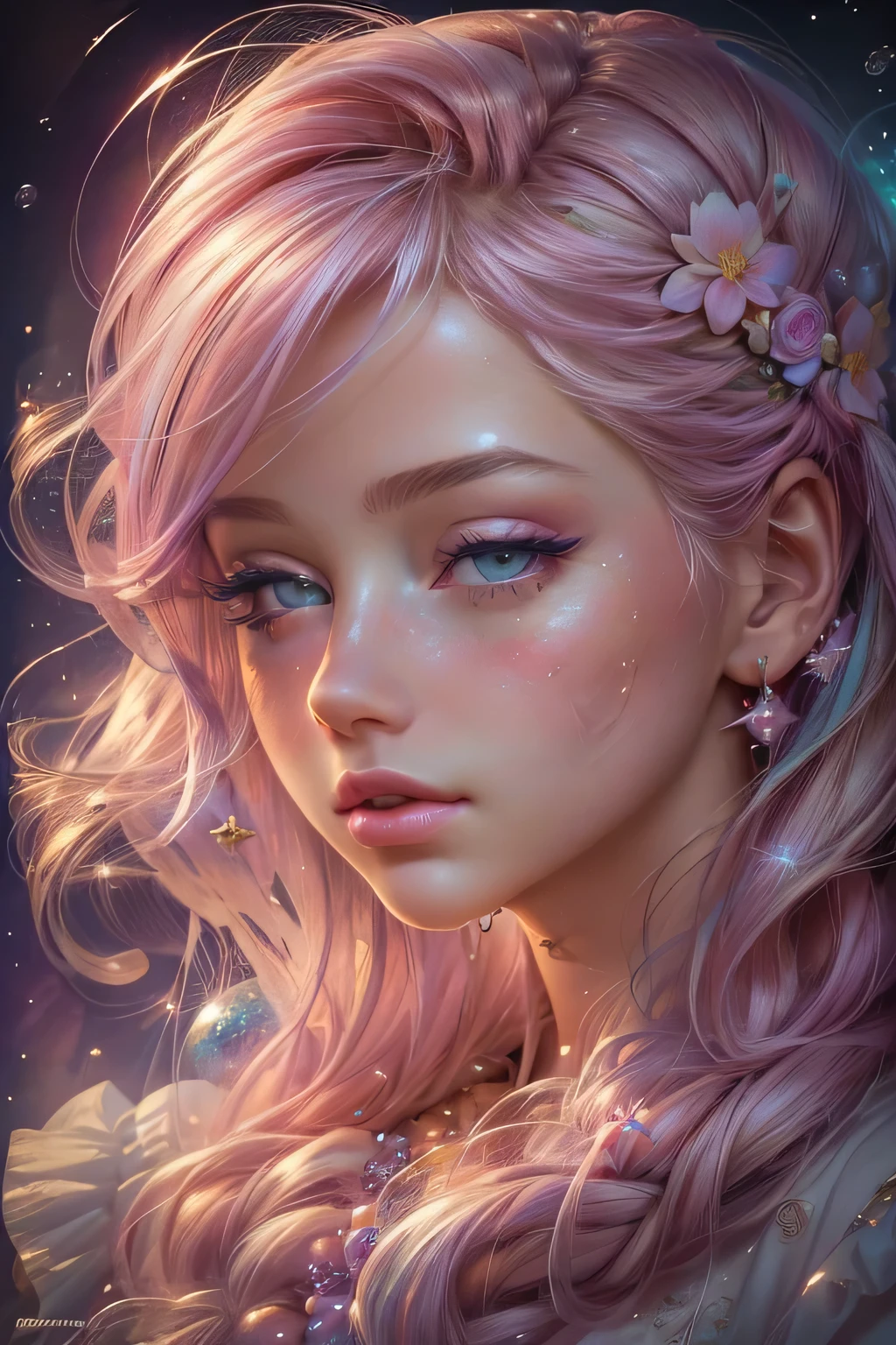 ((masterpiece)). This artwork is sweet, pink, dreamy and ethereal, with ((soft pink watercolor hues and candy accents)). Generate a proud magical woman exploring a (((bubblegum world)) with a wide variety of (pastel shades). The woman's sweet face is ((((highly detailed, with realistic features and soft, puffy lips.)))) Include mature features and stunning, highly realistic eyes. Her eyes are important and should be realistic, highly detailed, and beautiful. In high definition and detail, include lots of details like stars, galaxies, colorful bubbles, colorful petals, and lots of energy and emotion! The stars and colorful bubblegum bubbles are important! Include fantasy details, enhanced details, iridescence, colorful glittering wind, and pollen. Pay special attention to her face and make sure it is beautifully and realistically detailed. The image should be dreamy and ethereal.8k, intricate, elegant, highly detailed, majestic, digital photography