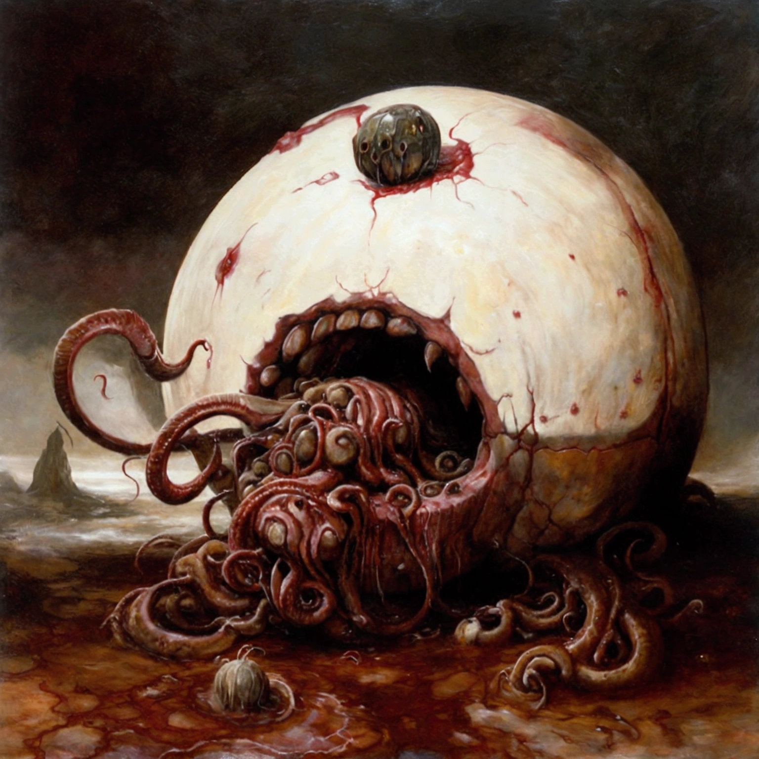 an obscene mass of flesh, resembling a bloated, pulsating sphere. It teeters in place, with an enormous, gaping maw that never seems to close. Inside this cavernous mouth, rows upon rows of jagged teeth gleam menacingly. Surrounding the mouth are numerous tentacles, each ending in a sharp, barbed hook. A river of worms constantly emerges from the Morassmaw's maw, slithering over the ground and burrowing into unsuspecting prey., dark gritty horror atmosphere, highly detailed, cinematic lighting, moody dramatic colors, masterpiece, 8k, hyper-realistic