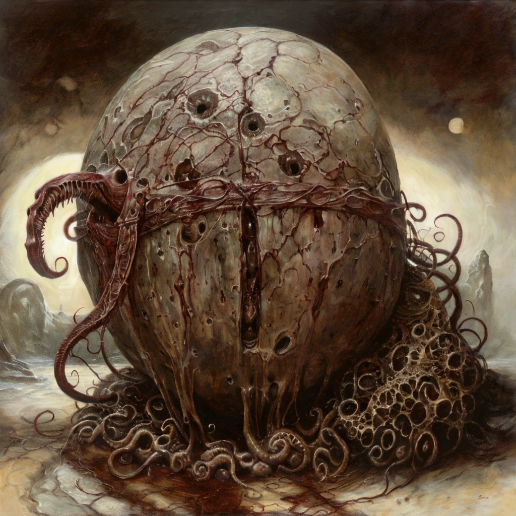 an obscene mass of flesh, resembling a bloated, pulsating sphere. It teeters in place, with an enormous, gaping maw that never seems to close. Inside this cavernous mouth, rows upon rows of jagged teeth gleam menacingly. Surrounding the mouth are numerous tentacles, each ending in a sharp, barbed hook. A river of worms constantly emerges from the Morassmaw's maw, slithering over the ground and burrowing into unsuspecting prey., dark gritty horror atmosphere, highly detailed, cinematic lighting, moody dramatic colors, masterpiece, 8k, hyper-realistic