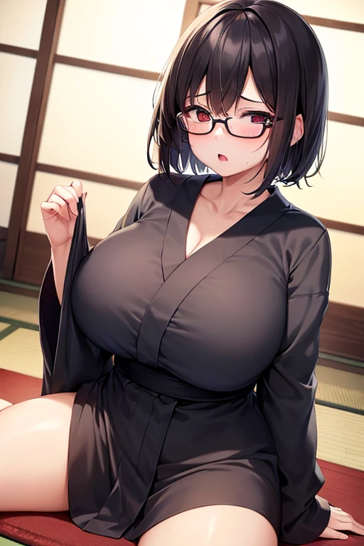 NSFW、1 Female、Brown hair、Brown Eyes、Best Quality、Super detailed、8 Resolution、Raw photo、Mastepiece、Perfect Body、high resolution、Highest quality、Detailed drawing、Vibrant colors、lure、Long Hair、Black-rimmed glasses、Captivating breasts、Big Breasts、Lie down on the futon、Black kimono、Sweat、A flushed expression