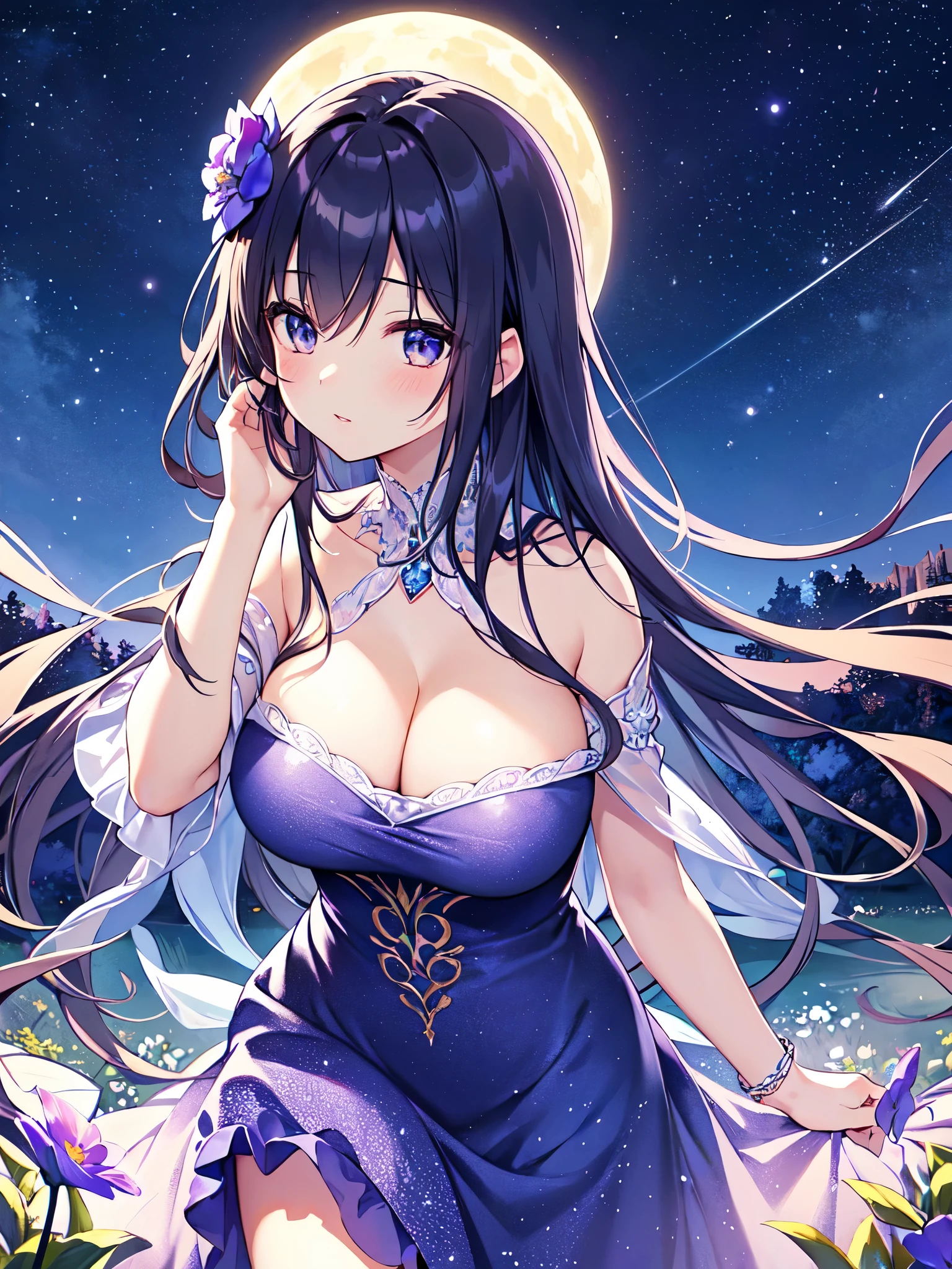 （masterpiece）、(Best Quality)、((Very detailed))、(Very delicate)、Beautiful shiny hair、Beautiful breasts、Gorgeous night dress、Cleavage、Looking up from below、Flower field at night、Wonderful starry sky、Fantastic Moon