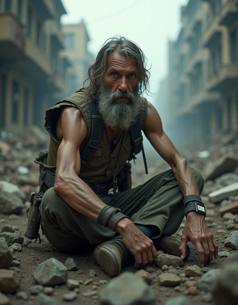 Post-apocalypse, thin middle-aged man, gray beard, dirty clothes ...