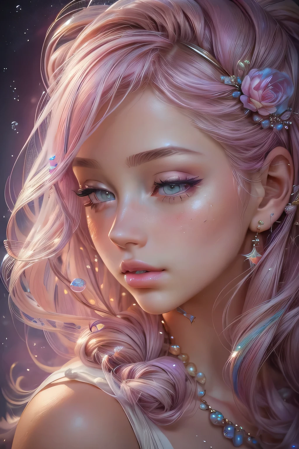 ((masterpiece)). This artwork is sweet, pink, dreamy and ethereal, with ((soft pink watercolor hues and candy accents)). Generate a proud magical woman exploring a (((bubblegum world)) with a wide variety of (pastel shades). The woman's sweet face is ((((highly detailed, with realistic features and soft, puffy lips.)))) Include mature features and stunning, highly realistic eyes. Her eyes are important and should be realistic, highly detailed, and beautiful. In high definition and detail, include lots of details like stars, galaxies, colorful bubbles, colorful petals, and lots of energy and emotion! The stars and colorful bubblegum bubbles are important! Include fantasy details, enhanced details, iridescence, colorful glittering wind, and pollen. Pay special attention to her face and make sure it is beautifully and realistically detailed. The image should be dreamy and ethereal.8k, intricate, elegant, highly detailed, majestic, digital photography