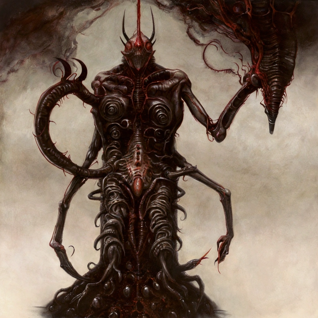 a formidable creature standing at two meters tall, its body composed almost entirely of thick, coarse black hair. The creature's absence of eyes and mouth gives it a blank, unnerving visage. In place of a face, three sinister horns protrude from its head. Its arms are long and thin, resembling the limbs of a mantis, each ending in a sharp, curved claw. A writhing, segmented worm body connects these appendages, undulating menacingly as it moves. dark gritty horror atmosphere, highly detailed, cinematic lighting, moody dramatic colors, masterpiece, 8k, hyper-realistic