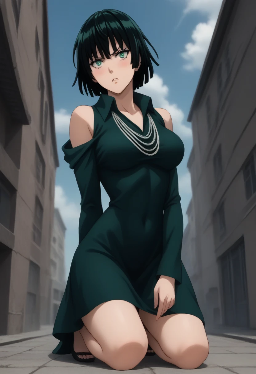 score_9, score_8_up, score_7_up, sauce_anime, ambient light,                                                                                                                                                                             
fubuki, fubuki \(one-punch man\), black hair, green eyes, short hair,,,, wince, frown,                       
nsfw, (show off breast),, black dress, dress,, high collar, jewelry, necklace, off shoulder, taut clothes, taut dress,, in panties,                                                                                                                                                                                                                   
outdoors,, school ,realistic school, (kneeling),                                                                                                                                              
cowboy shot,, looking at below, solo, dutch angle, blush,, , clenched teeth,,, large breasts