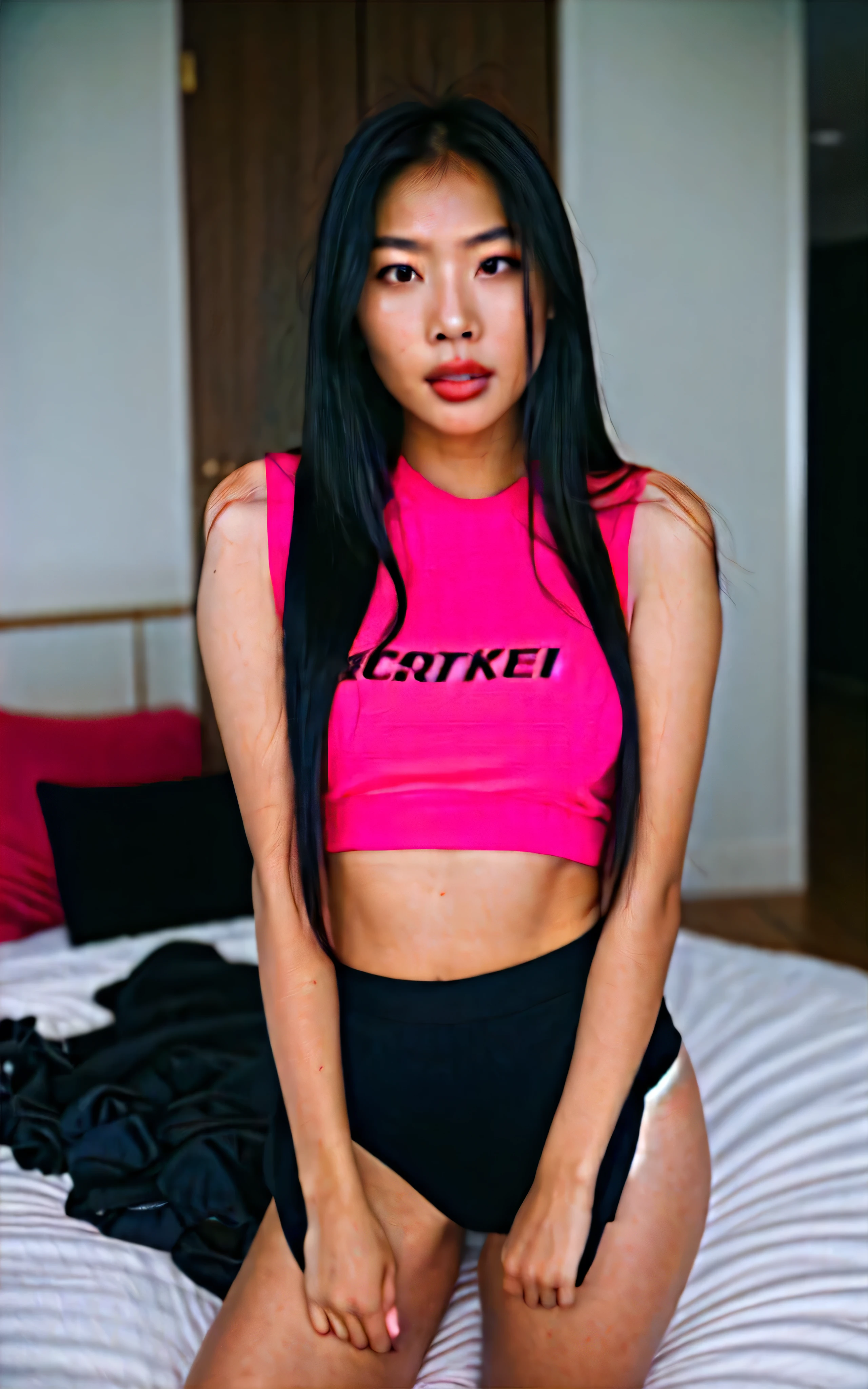 Realistic picture,Thai girl,18 years old,Take a photo,not wearing clothes,fit,sexy,pink milk,sexually aroused,at her bedroom.