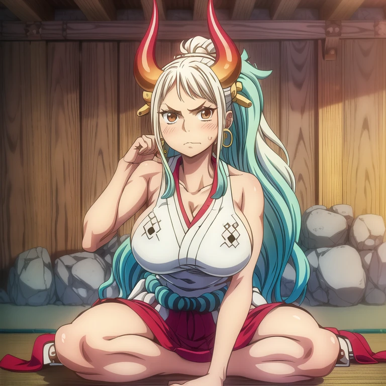 2d, masterpiece, best quality, anime, 
highly detailed face, highly detailed background, perfect lighting, 
1girl, solo,sitting,hands up,Age 28
yamato, orange eyes, long hair, multicolored hair, aqua hair, white hair, two-tone hair, high ponytail, horns, multicolored horns, hair ornament, bare shoulders, huge breasts, sideboobs,
looking at viewer, 
blush, ponytail, ahoge, sidelocks, earrings, japanese clothes, sleeveless, pants, bare arms, toes, sandals, hakama, rope, oni, hoop earrings, geta, hair stick, curled horns, shimenawa, red horns, sleeveless kimono, hakama pants, 
armpit hair,