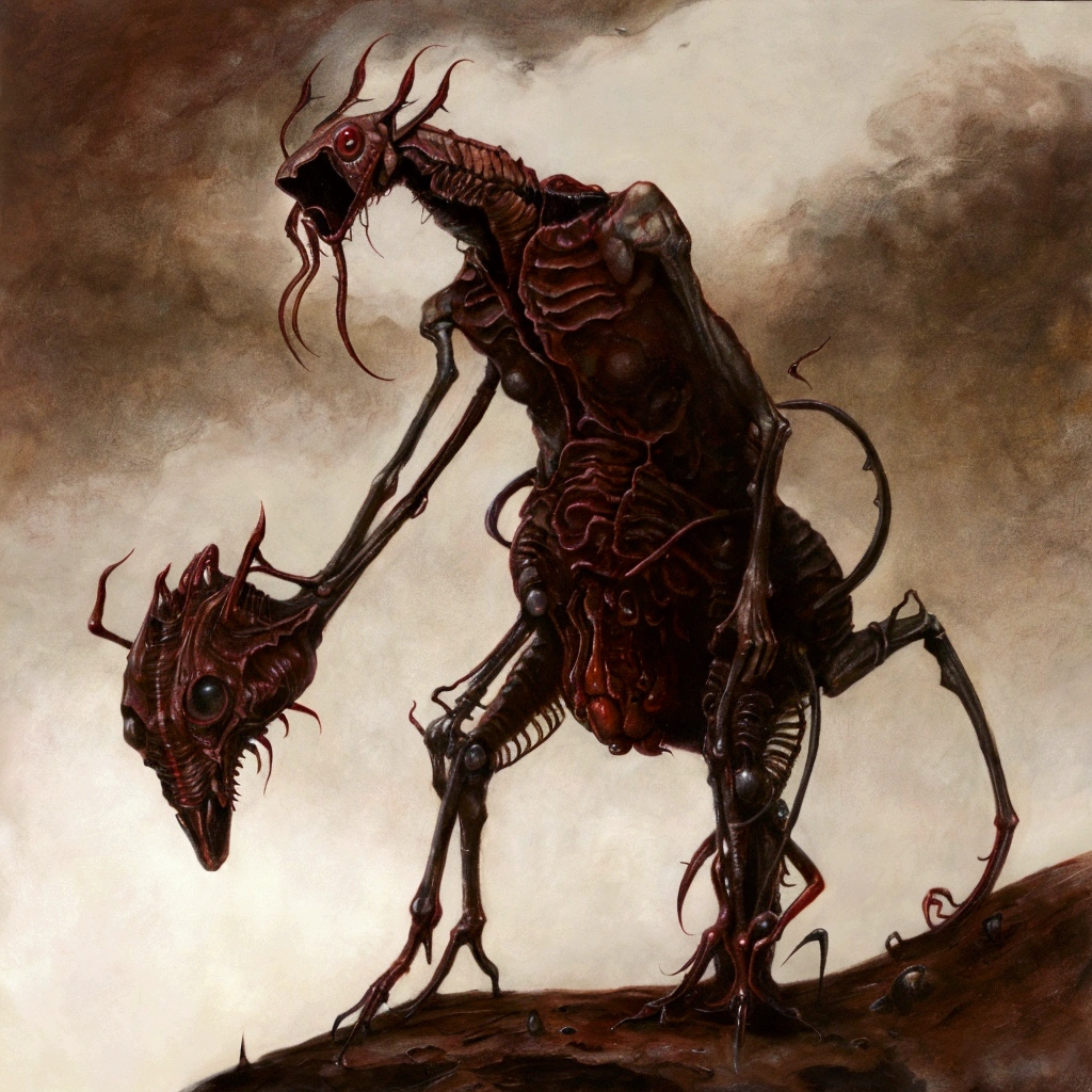 a formidable creature standing at two meters tall, its body composed almost entirely of thick, coarse black hair. The creature's absence of eyes and mouth gives it a blank, unnerving visage. In place of a face, three sinister horns protrude from its head. Its arms are long and thin, resembling the limbs of a mantis, each ending in a sharp, curved claw. A writhing, segmented worm body connects these appendages, undulating menacingly as it moves. dark gritty horror atmosphere, highly detailed, cinematic lighting, moody dramatic colors, masterpiece, 8k, hyper-realistic