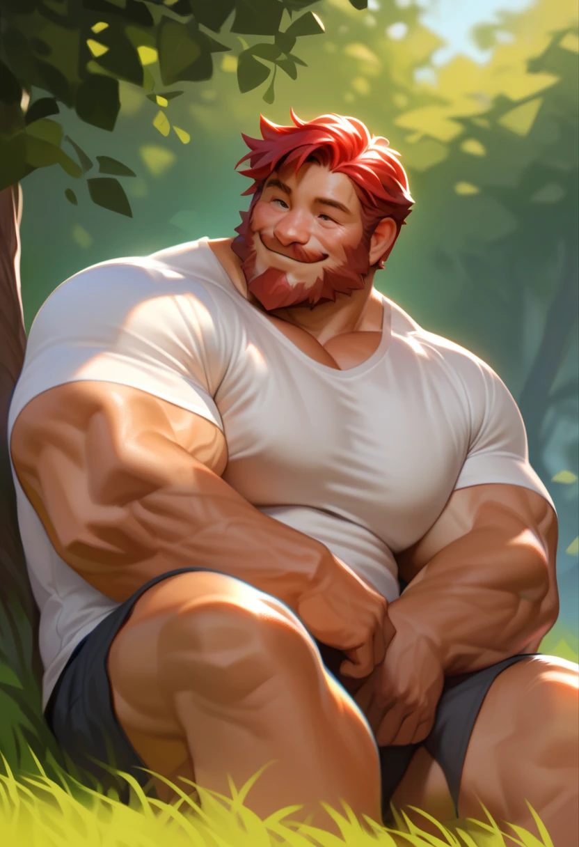 solo, 1boy, Muscular Old man, wide shoulder, pectoral, thick arms, huge pectoral, wide pectoral, sitting on meadow, huge tree background, short hair, red hair, shorts and shirt, smile, simple background, masterpiece, semirealistic:1.2, high detailed, 8k, high resolution