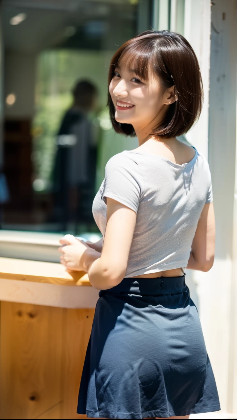 (((back view, arched back:1.2,looking at viewer))),indoor,Office,Wearing a t-shirt,Female college student,smile,Age 25, Short Hair、bangs、(Solid skirt),Cute earrings,Bright sunlight