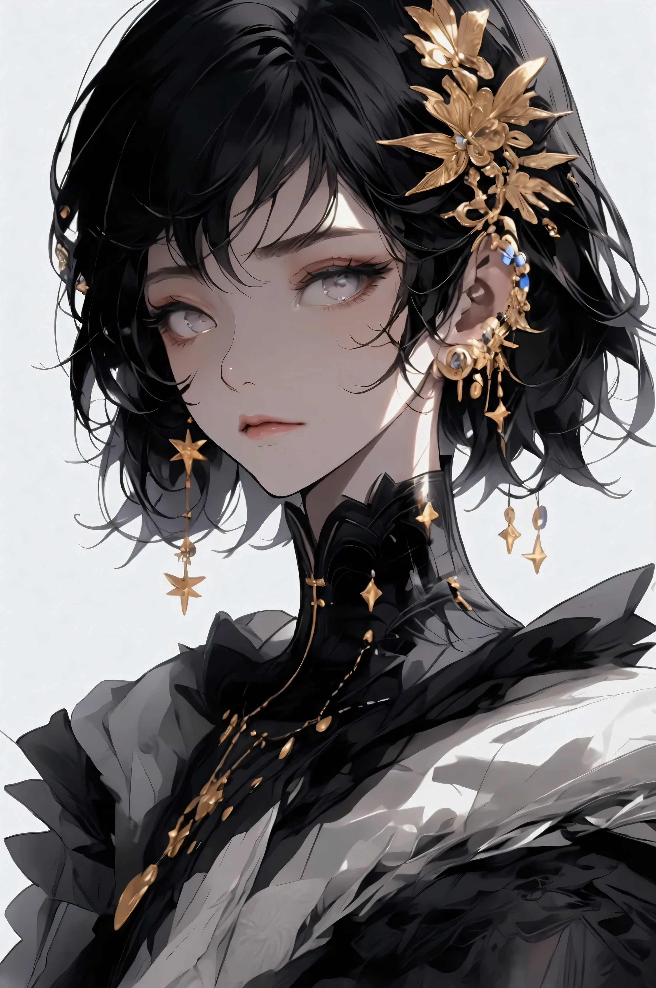 4K,detail,Two Men,portrait,with wolf,Lots of earrings,Cap,Symmetrical composition,black hair,Short Hair,Street Fashion,cool,anime,Low saturation,Expressionless,Simple Background,Single color background