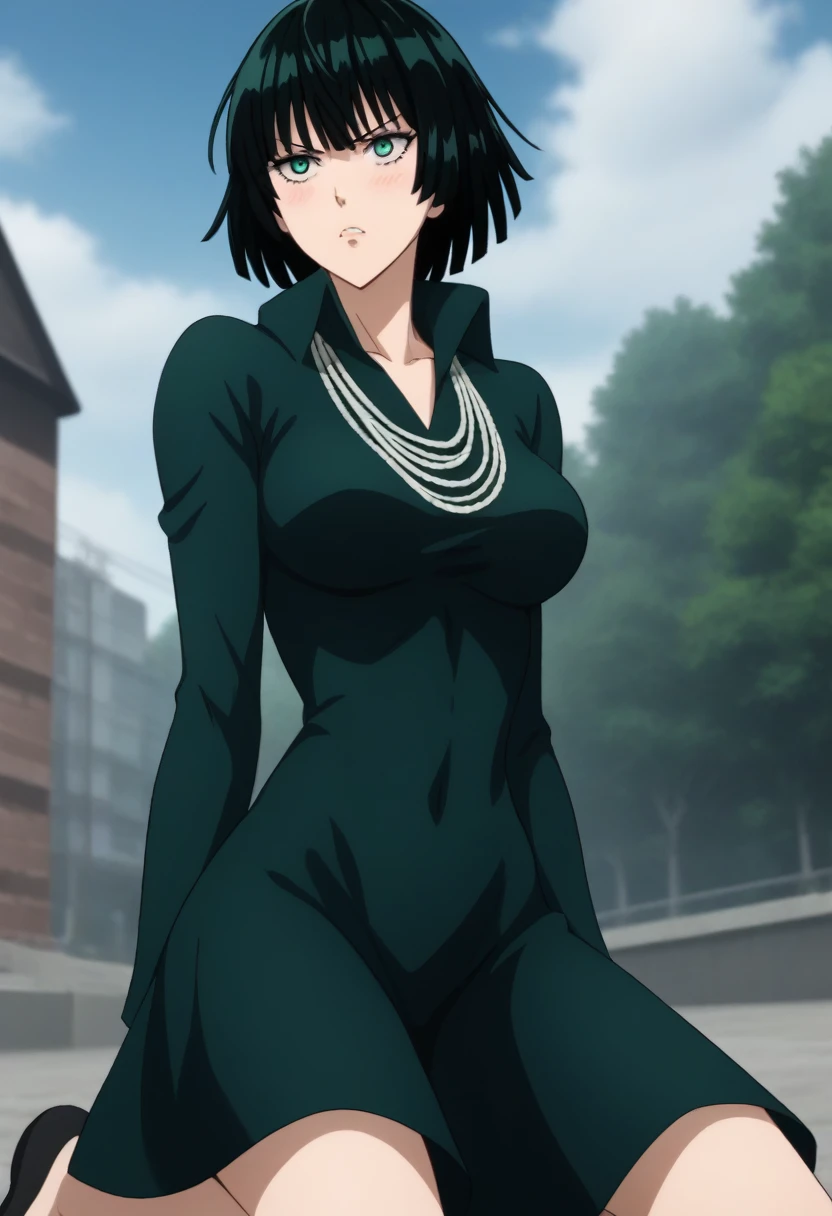 score_9, score_8_up, score_7_up, sauce_anime, ambient light,                                                                                                                                                                             
fubuki, fubuki \(one-punch man\), black hair, green eyes, short hair,,,, wince, frown,                       
nsfw, (show off breast),, black dress, dress,, high collar, jewelry, necklace, off shoulder, taut clothes, taut dress,, in panties,                                                                                                                                                                                                                   
outdoors,, school ,realistic school, (kneeling),                                                                                                                                              
cowboy shot,, looking at below, solo, dutch angle, blush,, , clenched teeth,,, large breasts