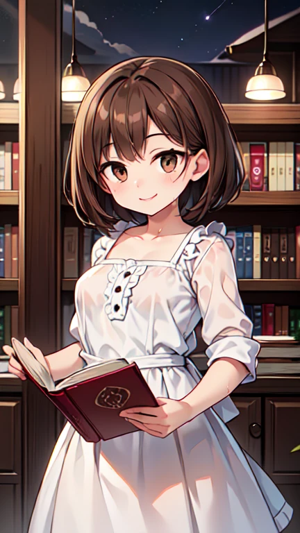 1,000,000、１People Girls、(Brown hair short cut)、Wet Hair、Beautiful brown hair、Keep your head small、Perfect Face、Shiny skin、Clear brown eyes、Slightly chubby、Small breasts、buttocks are small、(((Teasing Smile)))、
Ultra-high resolution 、8k、ultra detailed, hyper detailed, best quality, delightful, in the flower garden, with a meteor, at midnight、magnificent panorama view、
(She is reading a book in the library、Argyle check long dress、Light colored blouse、An angle that shows from head to waist)