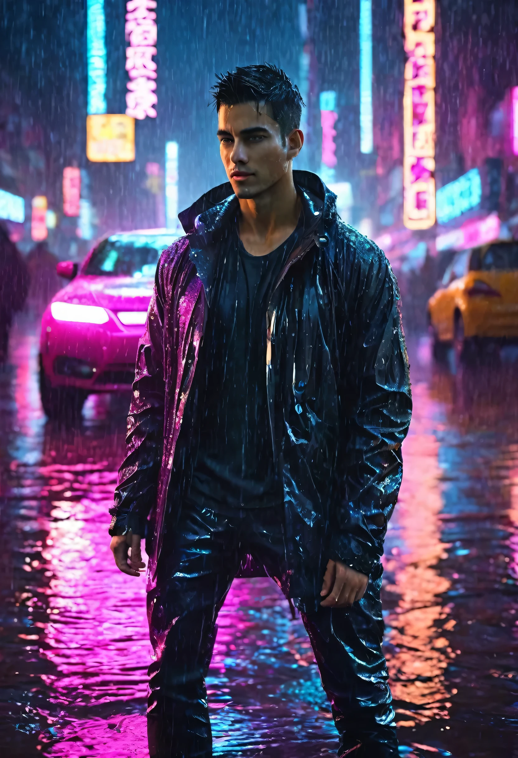 (Masterpiece, Best Quality, high resolution, fondo de pantalla de unidad 32k, Extremely detailed CG:1), (weak illustration on stage:1.0), ((ung handsome man:1.55 by cyberpunk:1.5 )),(( cyberpunk night city:1.4)), neon signs futuristic cars,dark place rain, ((wet clothes magenta neon lights illuminating the young man perfectly:1.45) . 32k