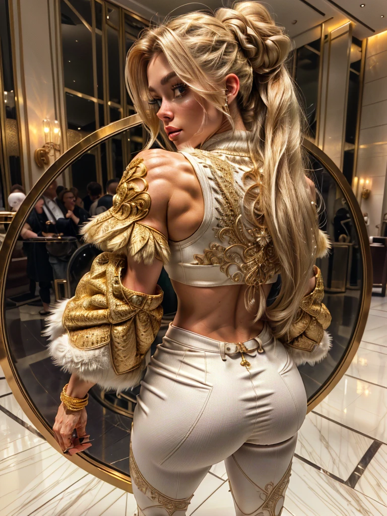 Award winning photography, araffed, Photorealistic, 4K, extremely high quality, professional photoshoot, RAW uhd ((full body shot):1.2). (((Ukrainian):1.2) girl) short stature, medium dirty blonde hair, high ponytail. in a white outfit posing in a hotel lobby, looking at camera, sexy, underboob, small high profile implants, bubble butt, big fat ass, athletic body, toned, muscular ass, muscular shoulders, muscular arms, muscular legs, muscular upper body, intricate outfit, detailed intricate fur, intricate clothes, inspo, intricate body, intriguing outfit, outstanding detail, high details on clothes, detailed fur, fluffy, extremely detailed face, perfect face, intricate upper body, great details, lots of details, olga buzova, blonde, detailed style, fancy top, winter, 8k))