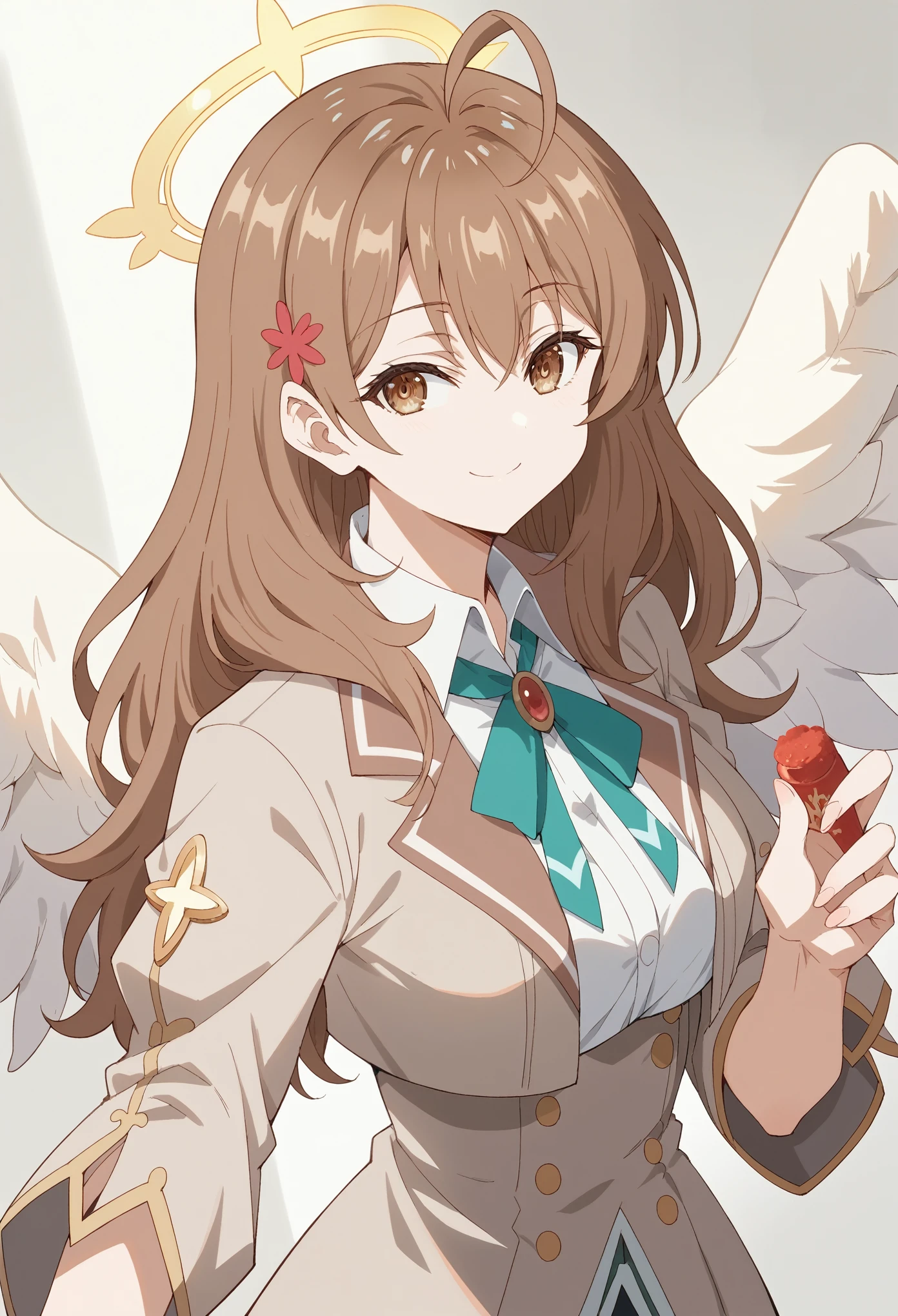 Score_9, Score_8_up, Score_7_up, sauce_anime,Maria Mikhailovna Kuyou,Maria Mikhailovna Kuyou, Long Hair, bangs, Brown Hair, Hair Ornaments, Hair between the eyes, Brown eyes, Ahoge,, Gold and white tadress,Angel Wings, halo, Heaven Background, smile, looking at viewer, Alone,, Cowboy Shot, Dutch Angle, Dynamic pose