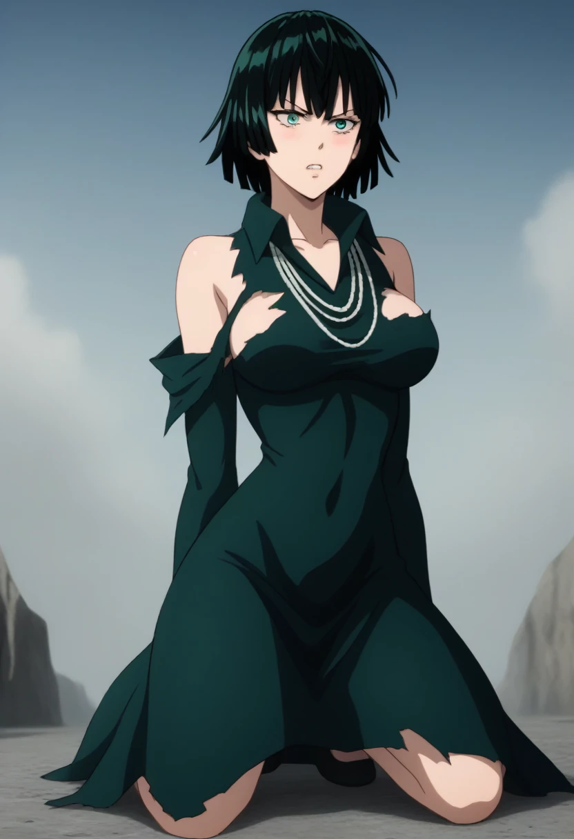 score_9, score_8_up, score_7_up, sauce_anime, ambient light,                                                                                                                                                                             
fubuki, fubuki \(one-punch man\), black hair, green eyes, short hair,,,, wince, frown,                       
nsfw, (show off breast),, torn black dress, dress,, high collar, jewelry, necklace, off shoulder, taut clothes, taut dress,, in panties,                                                                                                                                                                                                                   
outdoors,,  ,realistic background, (kneeling),                                                                                                                                              
cowboy shot,, looking at below, solo, dutch angle, blush,, , clenched teeth,,, large breasts