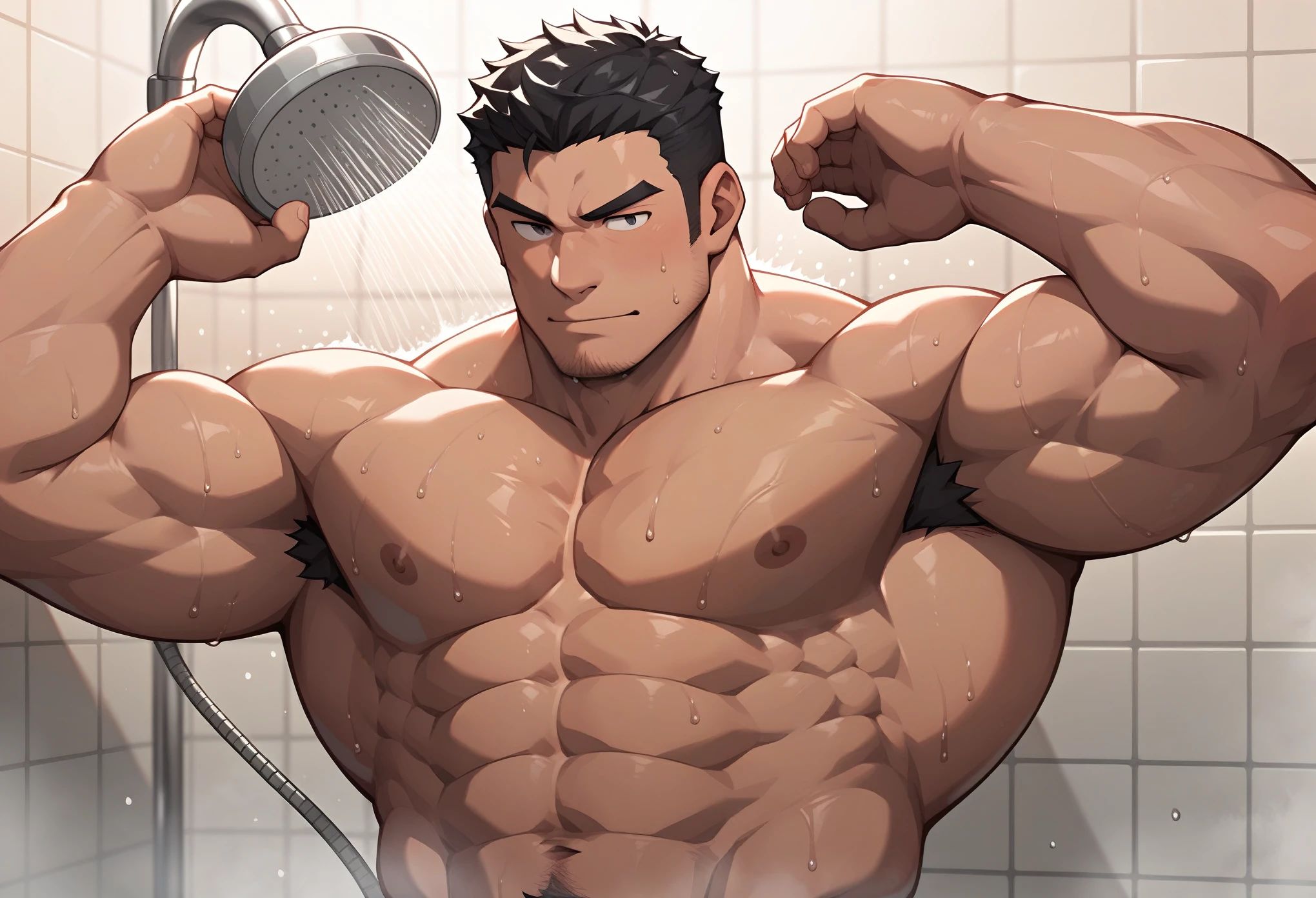 Judo club, shower, muscle, Japanese male, short hair, black hair, slightly hairy, bath