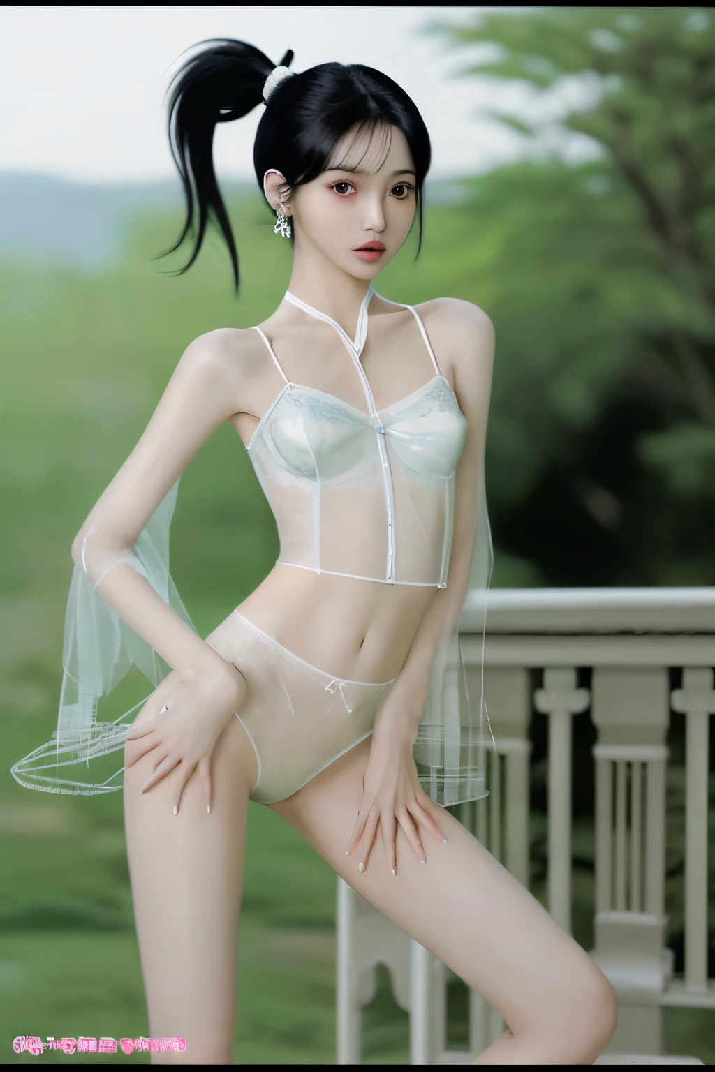 High resolution, Actual quality、masterpiece, accurate, Anatomically correct, High detail, Textured skin,White skin、Precision Face、Keiko Kitagawa、 １People Images、Japanese、Small hips、Slender、Extremely thin、Long legs、Thin legs、Small breasts、Completely see-through、See-through lingerie、ponytail, Black Hair, Earrings,High heels