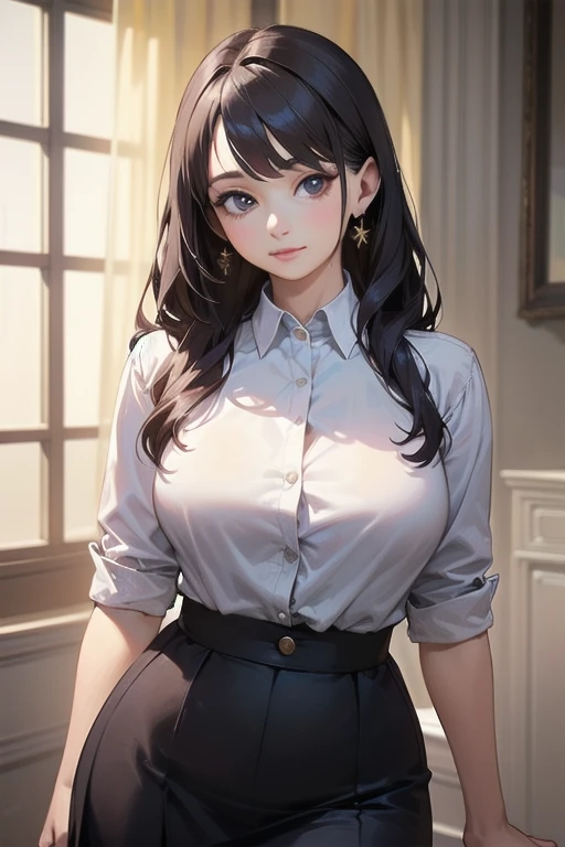 (((masterpiece))),(((High resolution)))、(((8K quality)))、(((perfect face)))、(((Korean beauty))), 30 years old, (((business shirt, mini pencil skirt))), look at the camera, ((high resolution face)), ((top quality eyes)), at the night hotel, Married woman, cool women, big
