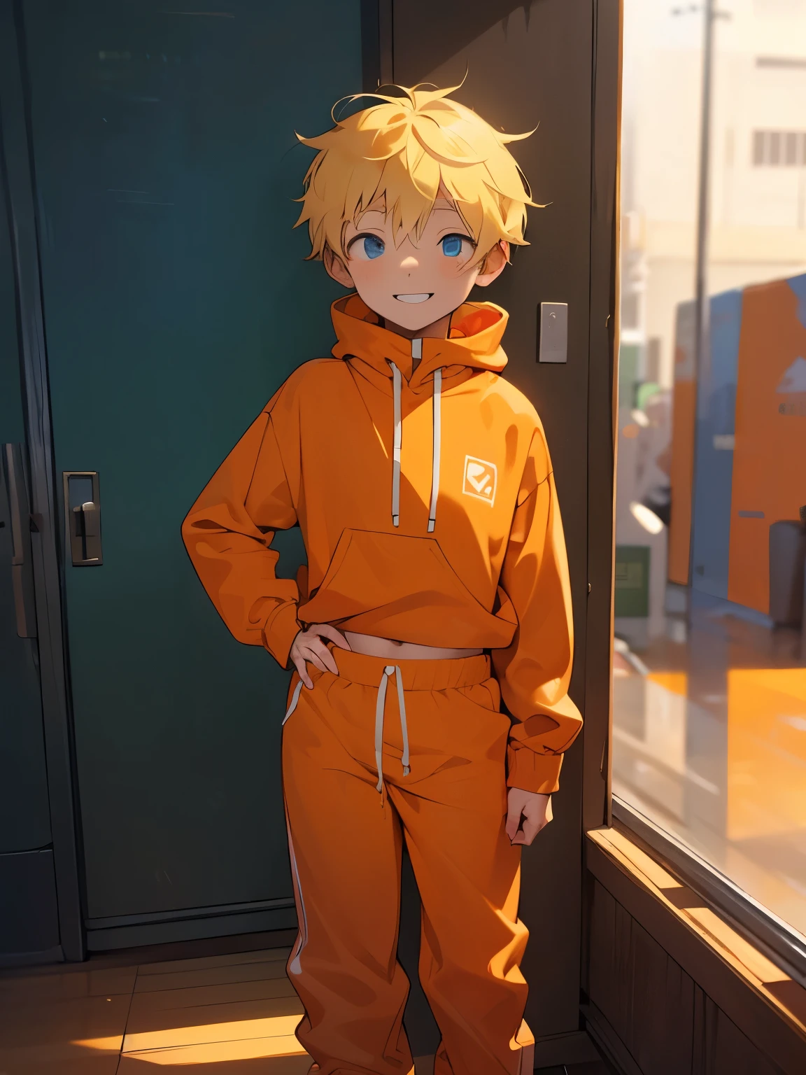 Kenny Mccormick, Shota，dirty messy blonde hair，1boy solo, child, young male, (long sleeves, long pants), orange pants, orange hoodie, orange clothes,blue eyes, (hands to chest, happy), (thick thighs, wide hips:1.0), curvy, Cute, standing，ultra quality, masterpiece, high quality, (facing you, looking at you), smile, (masterpiece, best quality),  intricate details, masterpiece, perfect body, perfect clear skin, ultra realistic,  high resolution，8k，detailedbackground，highly quality