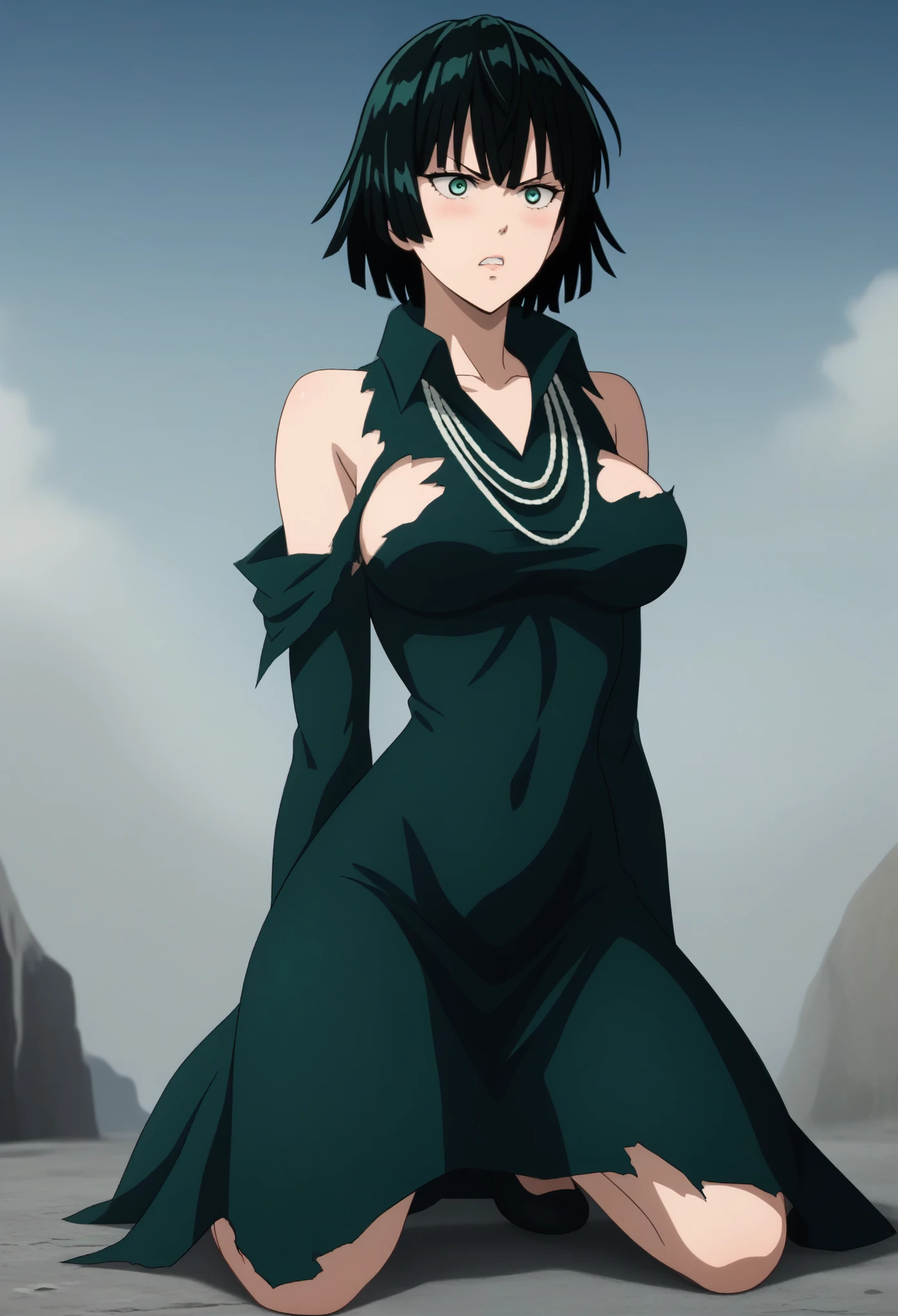 score_9, score_8_up, score_7_up, sauce_anime, ambient light,                                                                                                                                                                             
fubuki, fubuki \(one-punch man\), black hair, green eyes, short hair,,,, wince, frown,                       
nsfw, (show off breast),, torn black dress, dress,, high collar, jewelry, necklace, off shoulder, taut clothes, taut dress,, in panties,                                                                                                                                                                                                                   
outdoors,,  ,realistic background, (kneeling),                                                                                                                                              
cowboy shot,, looking at below, solo, dutch angle, blush,, , clenched teeth,,, large breasts