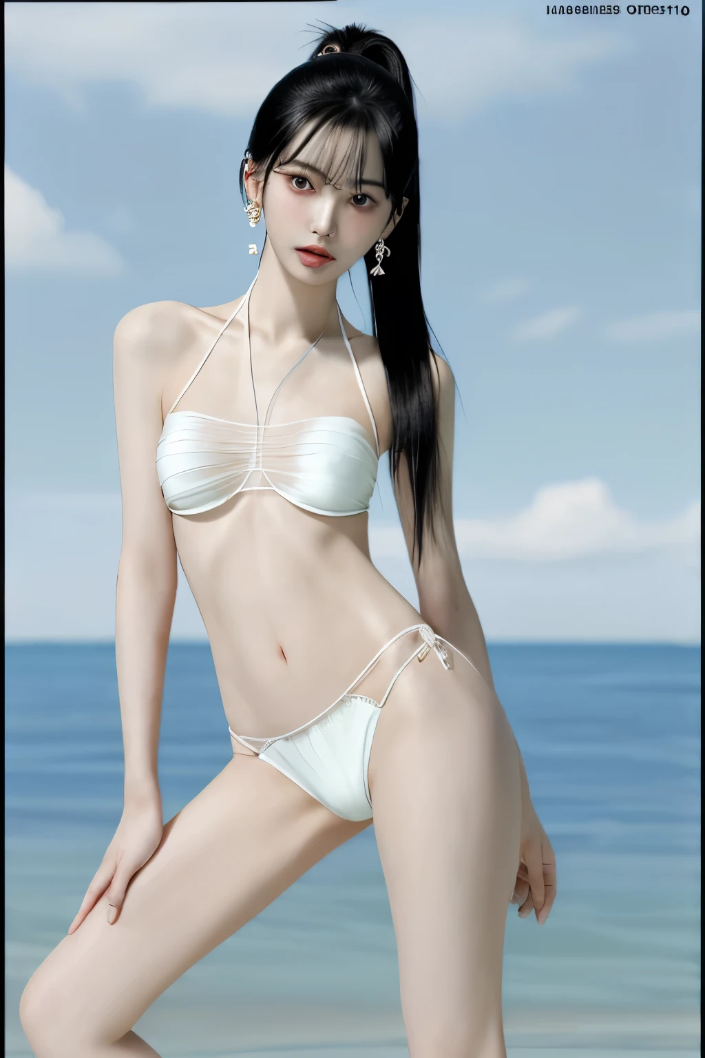 High resolution, Actual quality、masterpiece, accurate, Anatomically correct, High detail, Textured skin,White skin、Glossy skin、Precision Face、Keiko Kitagawa、 １People Images、Japanese、Small hips、Slender、Extremely thin、Long legs、Thin legs、Small breasts、Completely see-through bikini、Body Fit、See-through bikini、ponytail, Black Hair, Earrings,High heels