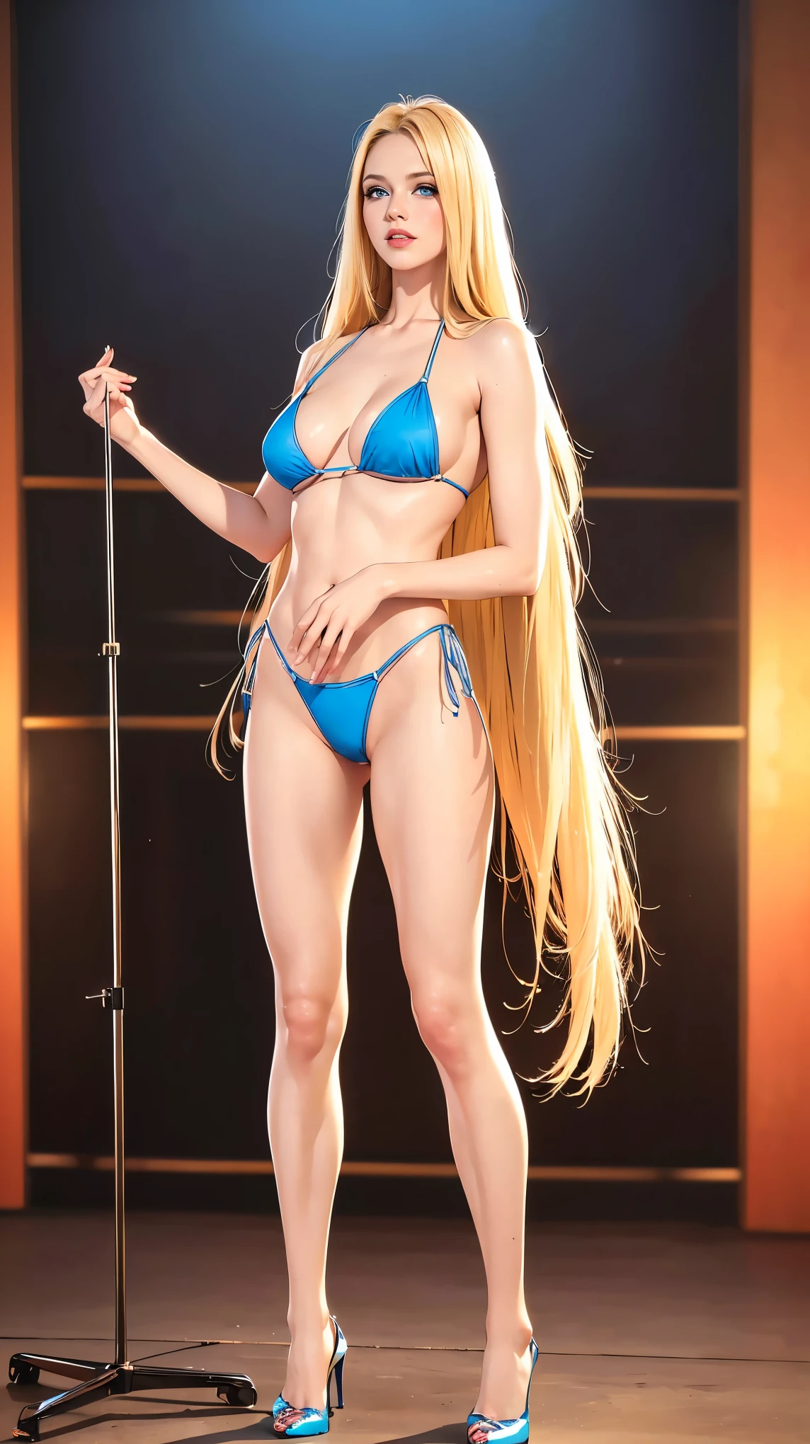 Marie Rose(((1girl))), (blonde hair), Breasts(((very small))), body(()), hair((Wavy, Black)), Eyes((Smart Eyes, Black)), Clothes(((very pale black lace sexy micro bikini))), Accessories((hair clips)), Twin ponytail, Depiction range((from the top of the head to the crotch)), (Emphasis on the crotch), Posing(Smile expression), (Lying on bed), ((very spreading your legs)), (((hide both hands completely behind one's back))), Colossal, ((super flat breasted)), Korean Makeup Look, Happy, Dark room((Candle light))