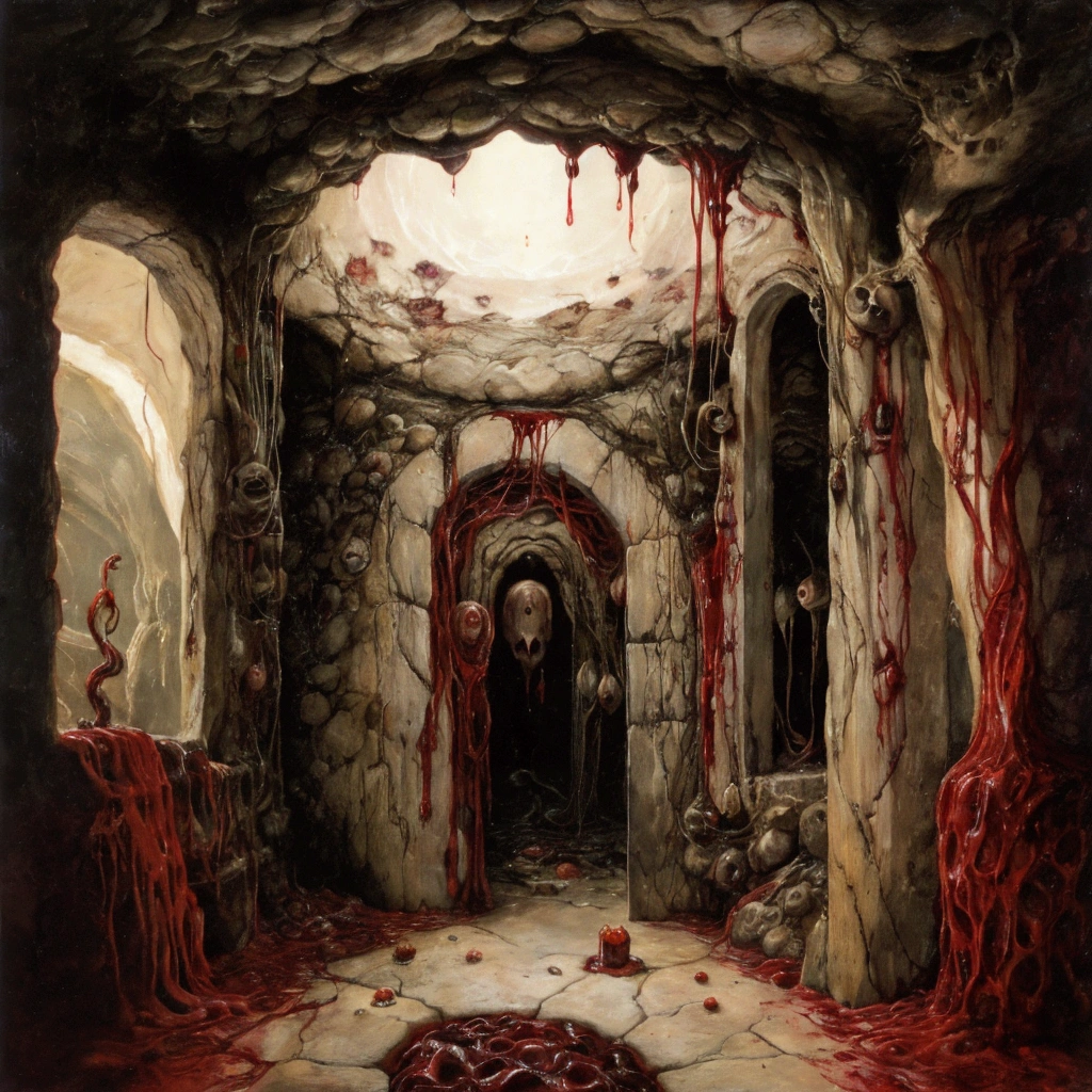 
a horrifying cave system, constructed entirely from a macabre mixture of flesh and viscera. The walls ooze and undulate, intertwined with squirming worms. As you delve deeper into the cavern, you notice that the floor is a writhing mass of slimy tendrils, everything is red and covered with blood. dark gritty horror atmosphere, highly detailed, cinematic lighting, moody dramatic colors, masterpiece, 8k, hyper-realisticPreciso, Modelo HD, UHD, 