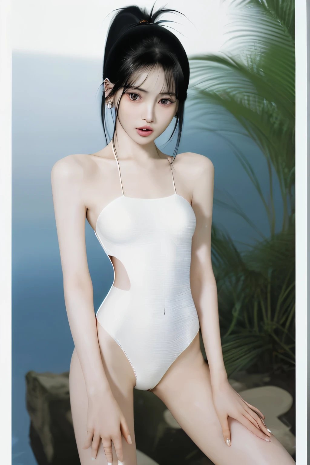 High resolution, Actual quality、masterpiece, accurate, Anatomically correct, High detail, Textured skin,White skin、Glossy skin、Precision Face、Keiko Kitagawa、 １People Images、Japanese、Small hips、Slender、Extremely thin、Long legs、Thin legs、Small breasts、Swimsuit-style body paint、ponytail, Black Hair, Earrings,High heels