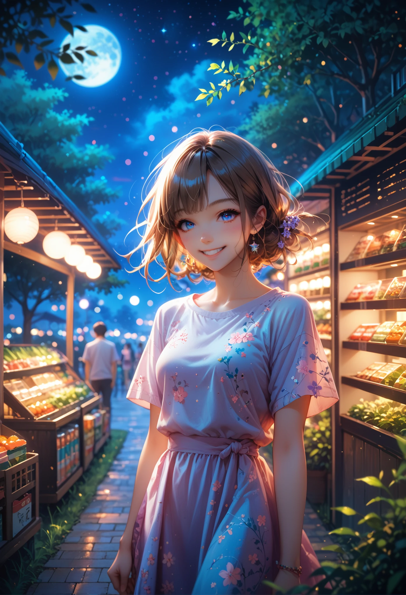 high quality masterpiece, anime, 2D, animation, Japanese style art, Colorful Japanese manga, 1 girls, Medium blond hair and lilac eyes, medium brown hair and brown eyes, casual wear, skirt, t-shirt, dress, standing, flushed faces, Night, dark lighting, stars, moon, shop, trees,  green, grass, Park , smile, Beautiful Walk, 