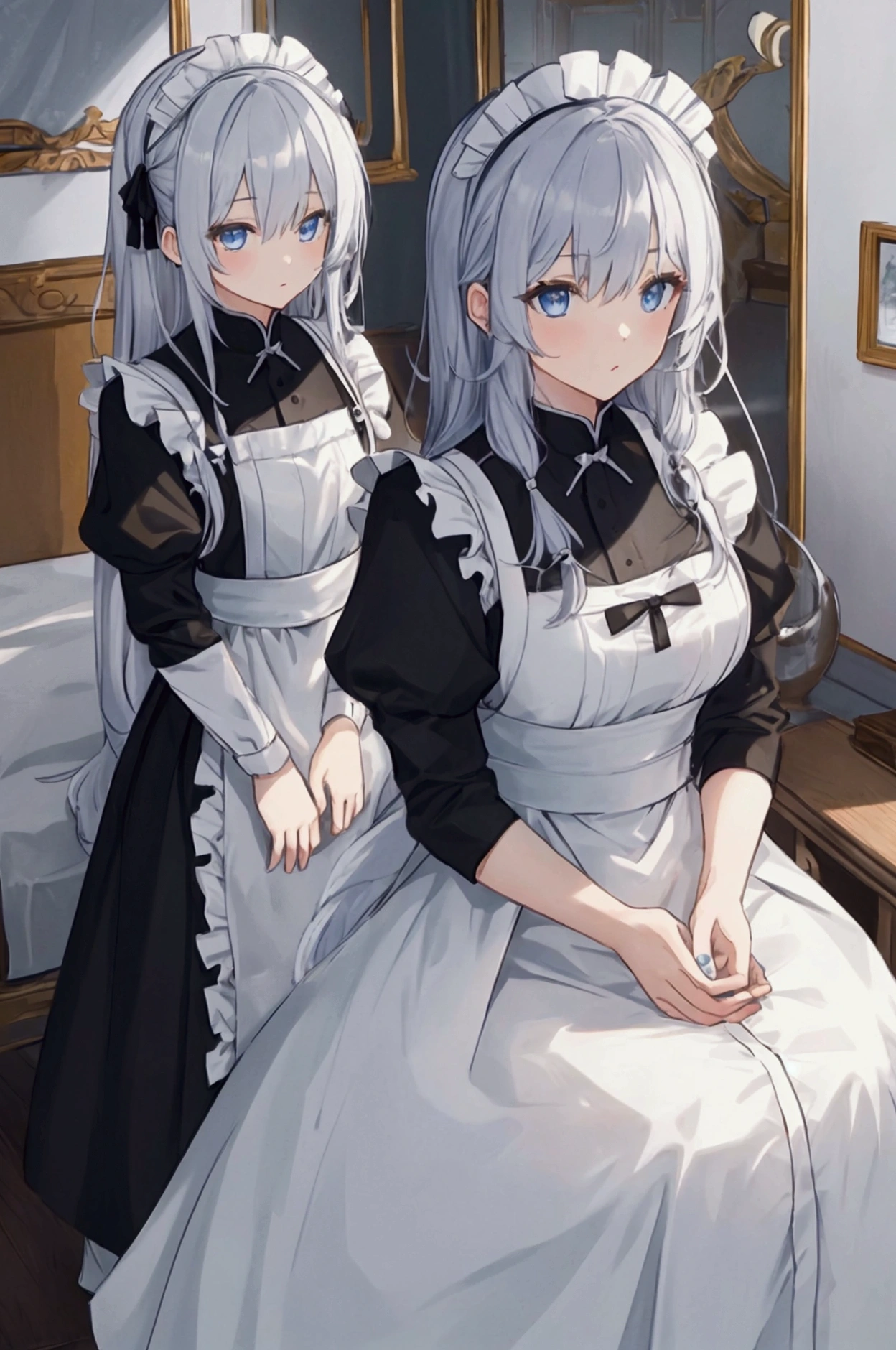 Eat a Game of Death、The hero&#39;s ghost、One Girl、Long Hair、Silver Hair、Maid uniform、Classical Style（白とのコントラストが魅力的なMaid uniform、Skirt length is long）、Classy room、A room that is spacious both horizontally and vertically、High ceilings、Room without windows、Shining light blue eyes、Only one eye is lighter in color、Look in the mirror