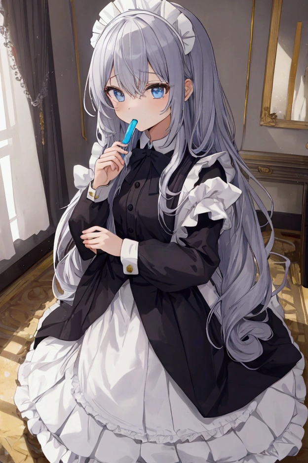 Eat a Game of Death、The hero&#39;s ghost、One Girl、Long Hair、Silver Hair、Maid uniform、Classical Style（白とのコントラストが魅力的なMaid uniform、Skirt length is long）、Classy room、A room that is spacious both horizontally and vertically、High ceilings、Room without windows、Shining light blue eyes、Only one eye is lighter in color、Look in the mirror