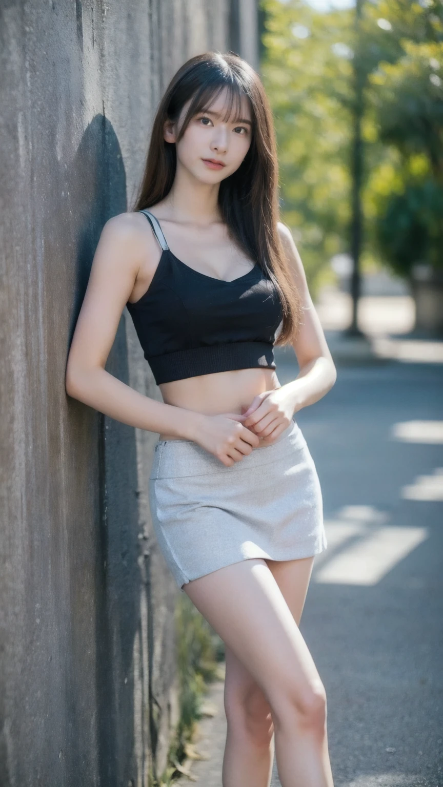NSFW:1.8, (Highest image quality, Highest image quality, Super A High Definition), (Raw photo, Realism 1.4), (flat chest), Fine skin, Fine face, Cute, AKB Girl, Girl in her 20s, The same beautiful breasts, Perfect Skin, thighs thighs thighs thighs, Medium Hair, Perfect, Brown hair, Brown eyes, Whole body, Sit on the steps of the footbridge, Sheer pants, I can see the panties, ((Thin short-sleeved blouse)), ((Tight ultra mini skirt))、panties on、Bright sunlight, Smile