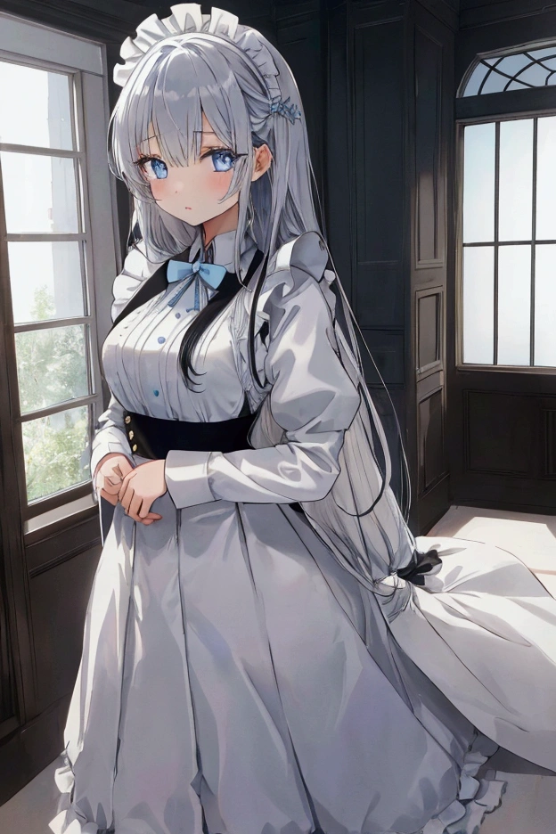 One Girl、Long Hair、Silver Hair、Maid uniform、Classical Style（白とのコントラストが魅力的なMaid uniform、Skirt length is long）、Classy room、A room that is spacious both horizontally and vertically、High ceilings、Room without windows、Shining light blue eyes、Only one eye is lighter in color、Look in the mirror