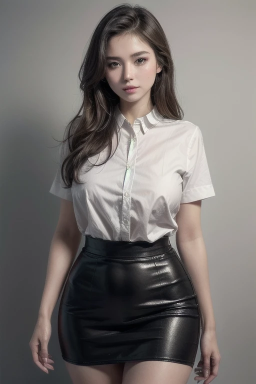 hyper realistic, 16k, best quality, masterpiece, (photorealistic:1.4), 1girl (alone), solo, pale-brown hair (realistic texture). turquoise-blue eyes, illuminated skin, realistic shading, white shirt with collars, black mini-skirt, black pantyhose (transparent), waist up, dramatic lighting, from below, different poses at different angles, office background (blurred)